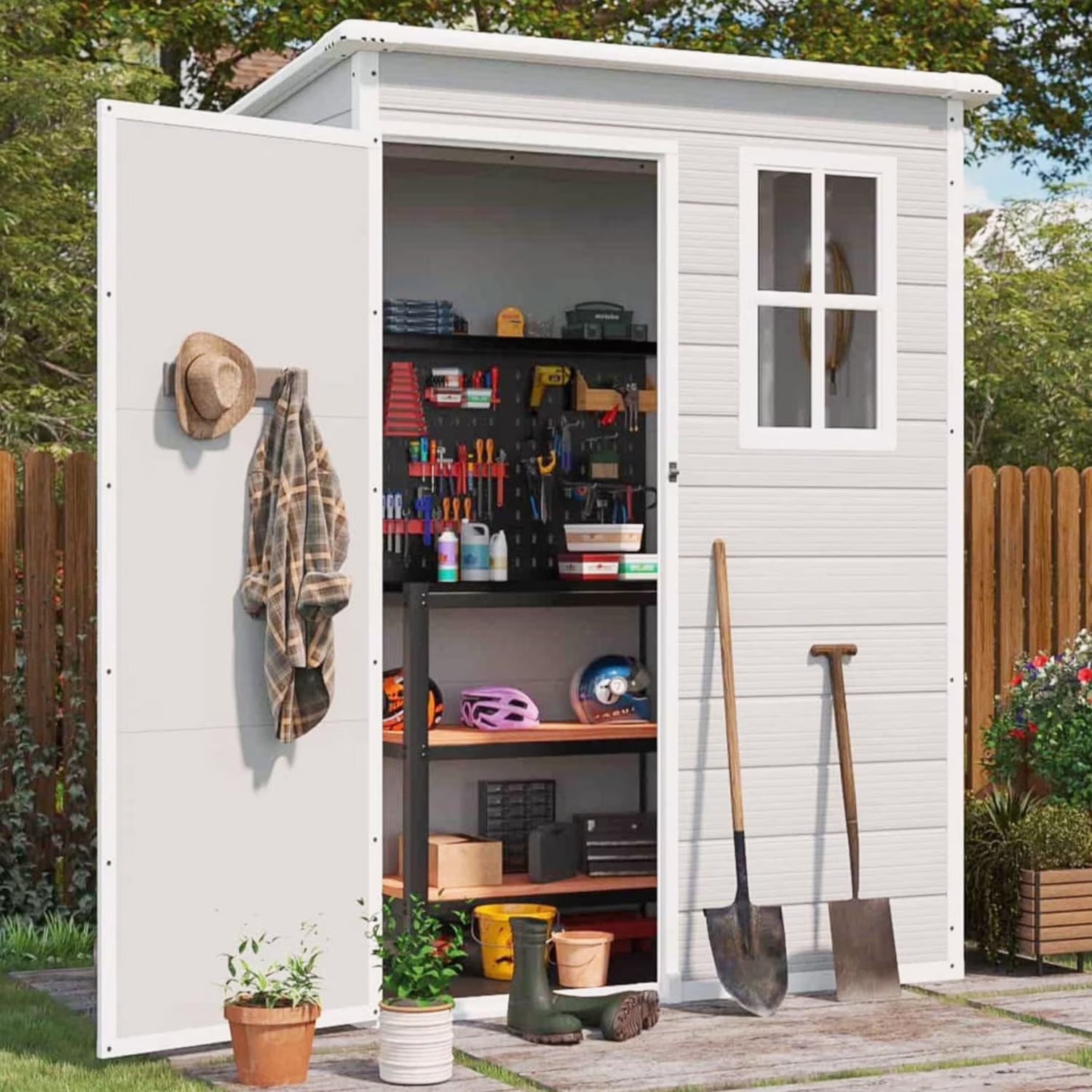 Lofka Resin Outdoor Storage Shed,5'x3' Storage Shed, Plastic Shed with Thick Resin Floor, Gray and White