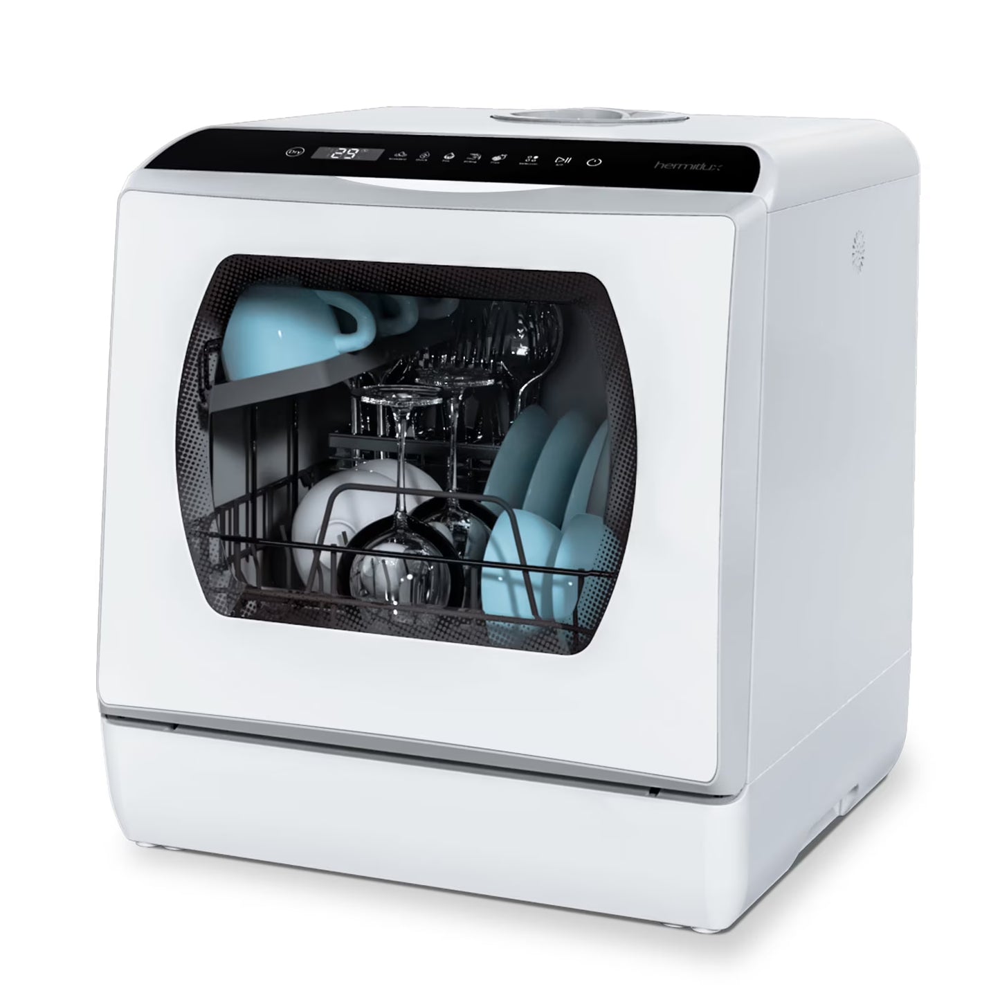 Hermitlux Portable Countertop Dishwasher, 5 Washing Programs, 5L Built-in Water Tank and Air-Dry Function, HMX-DW03(Glass Door)