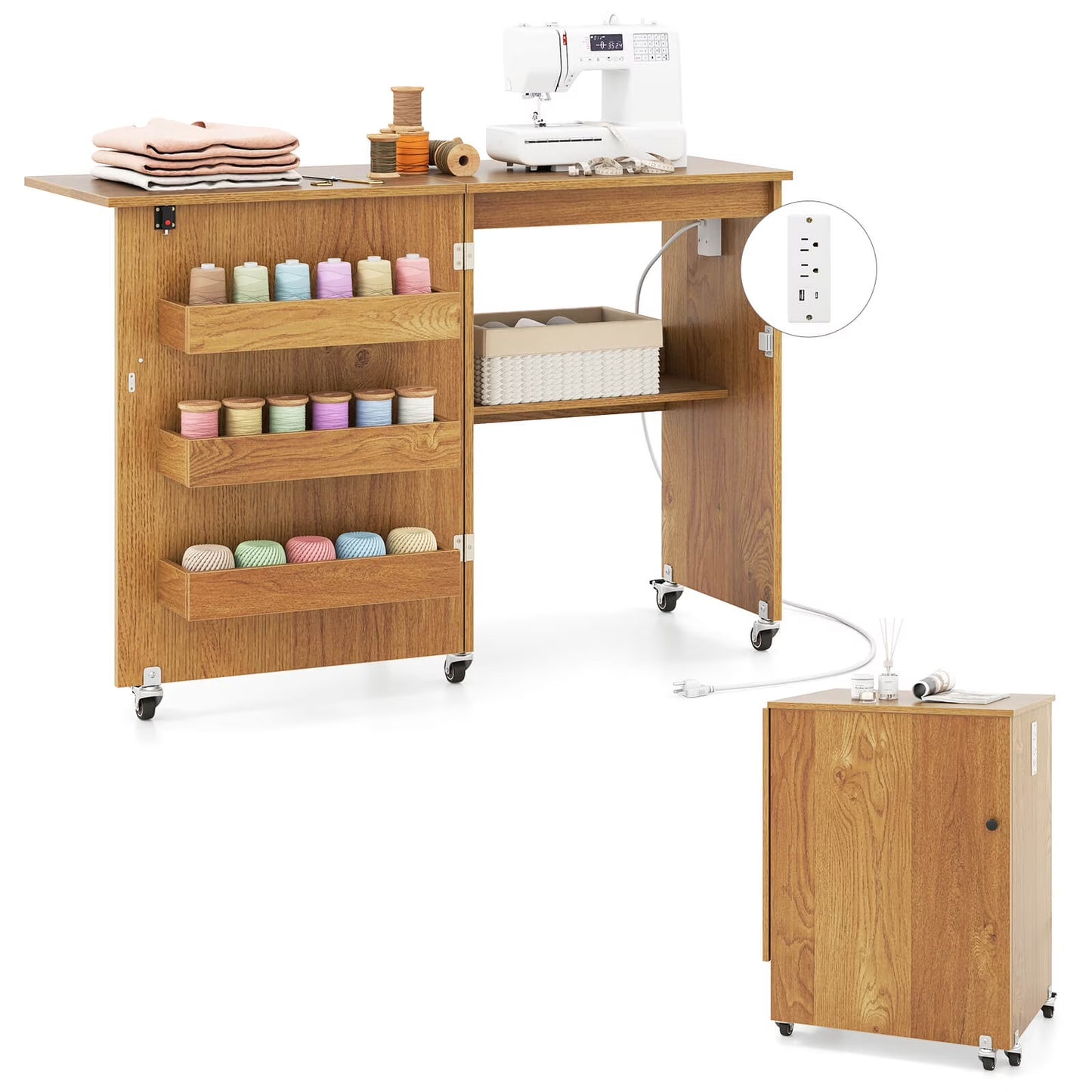 Costway Folding Sewing Table Rolling Craft Station with 3 Storage Bins  Charging Station Natural(Natural)