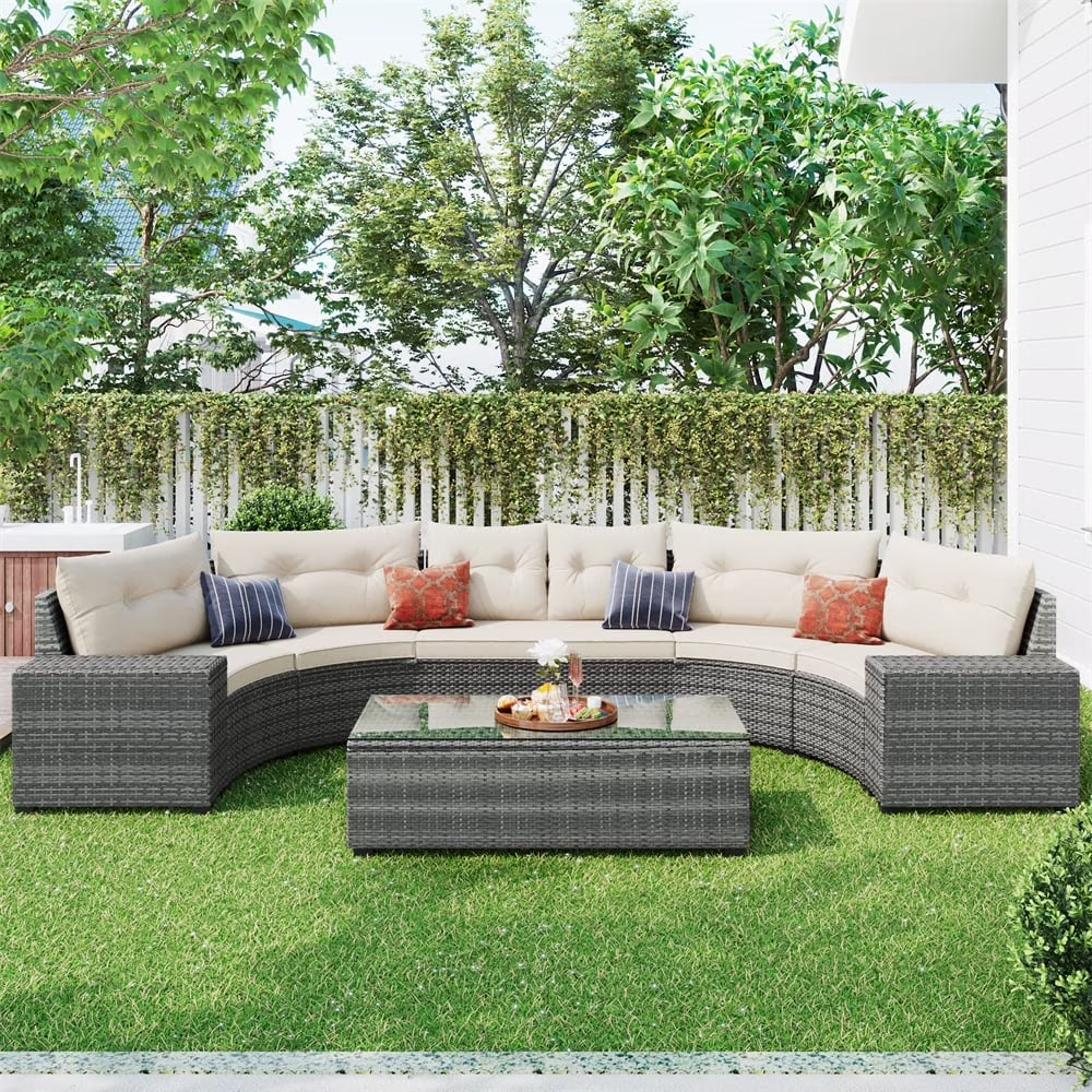 8 Pieces Outdoor Wicker Round Furniture Set, All Weather Half-Moon Sectional Patio Sofa Sets with Rectangular Coffee Table, Beige(8Pcs# Beige)