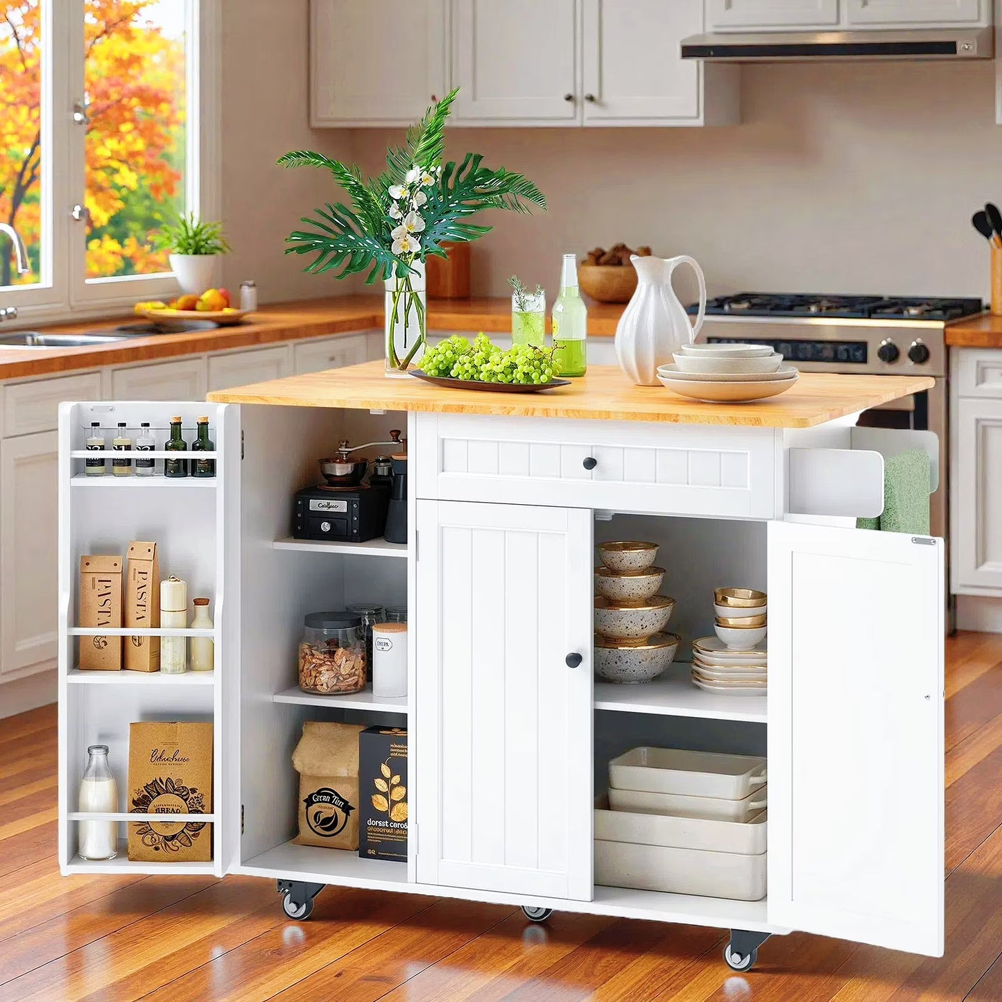 Kitchen Island with Storage - Lofka Rolling Kitchen Cart with Solid Wood Top,Drawers,Spice Rack  Towel Bar - Mobile Workstation for Small Kitchen,Dining Room ,White