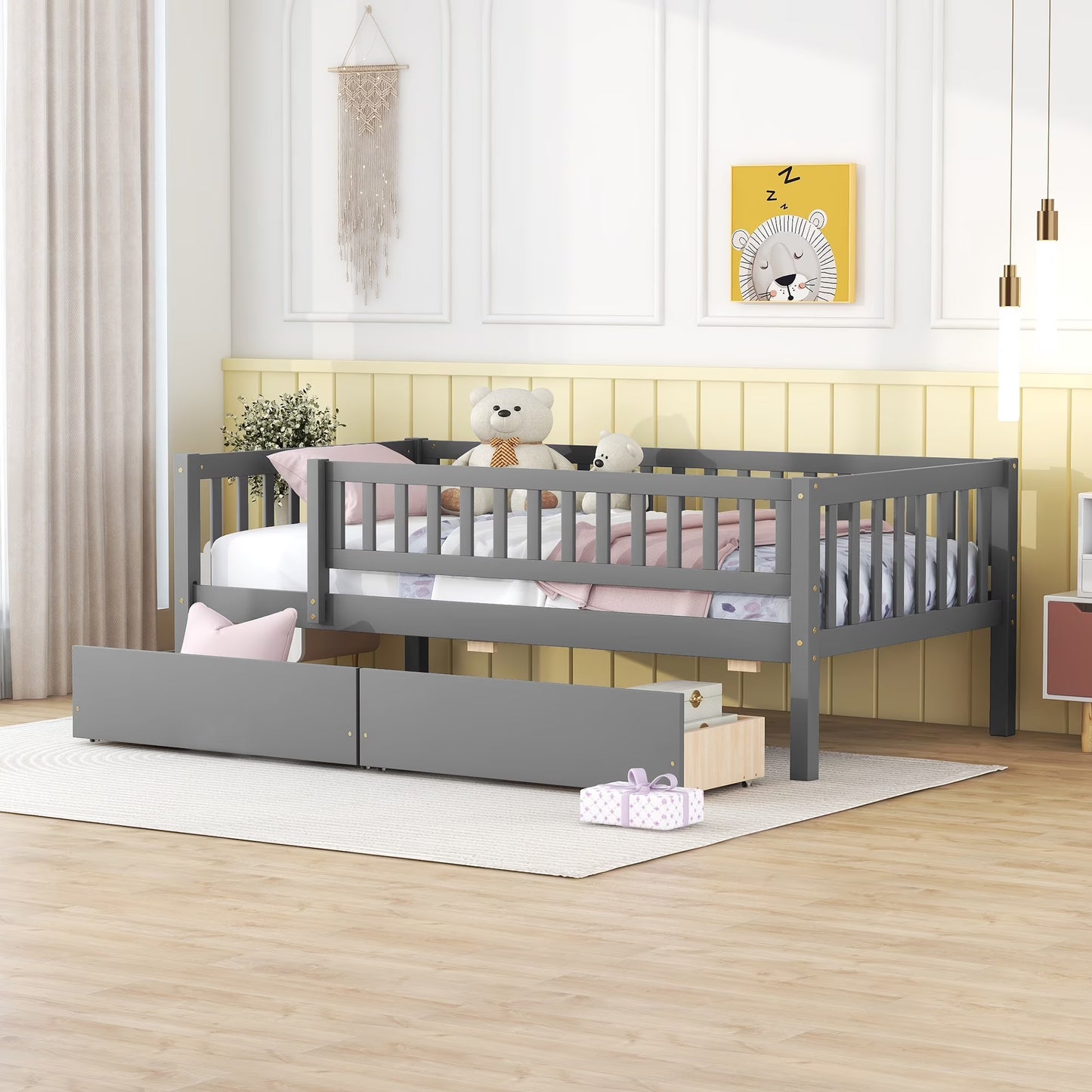 Holaki Twin Size Wood Bed with Guardrails and 2 Storage Drawers for Kids, Gray(Gray)