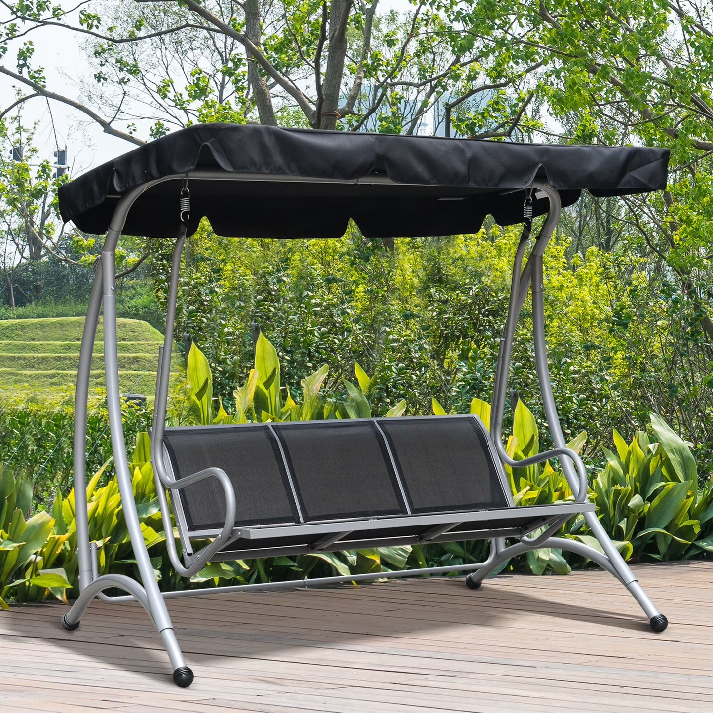 Outsunny 3 Person Patio Swing Seats, Porch Swing with Stand  Adjustable Canopy, Heavy Duty Outdoor Swing Chair Bench for Adults, Black(Black)