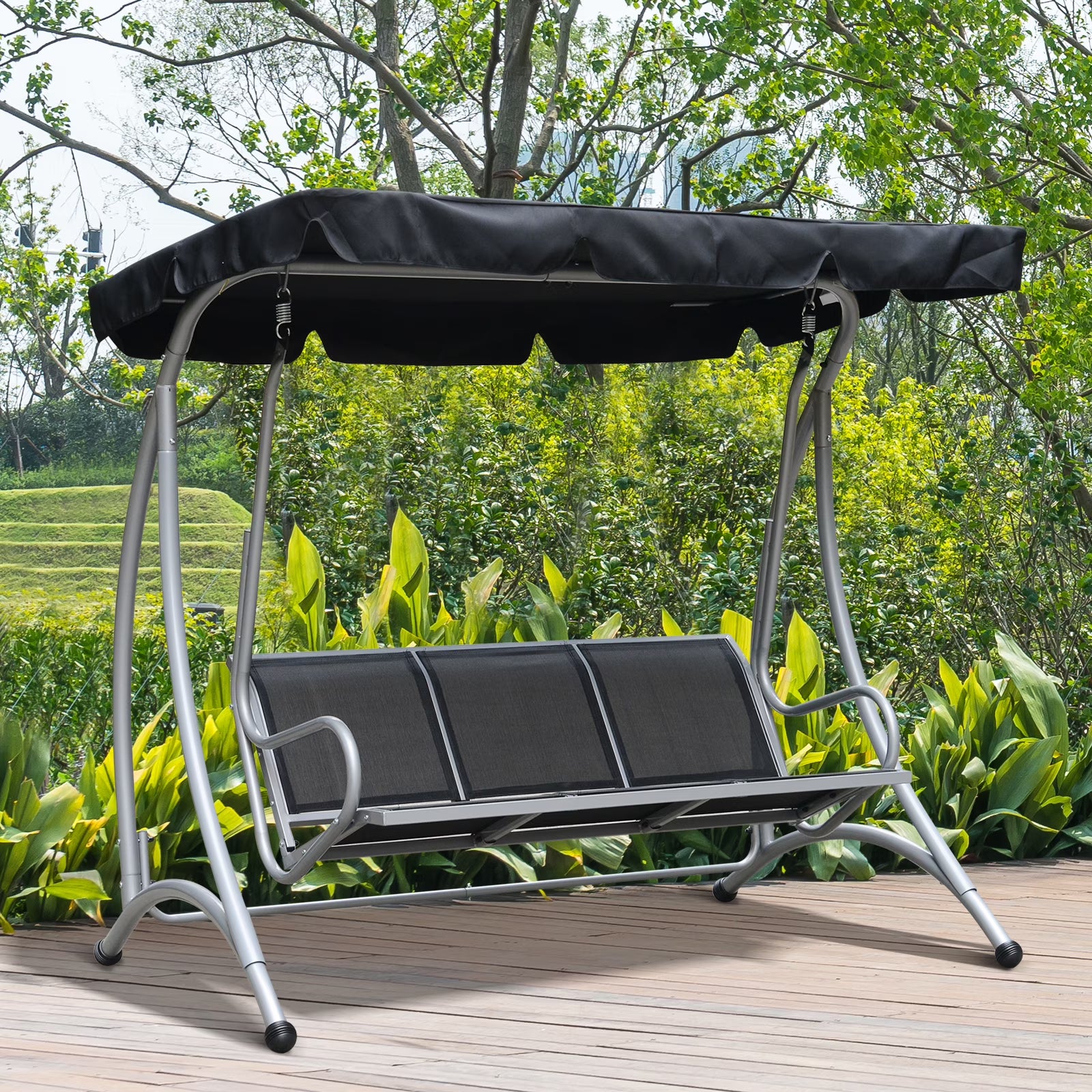 Outsunny 3 Person Patio Swing Seats, Porch Swing with Stand  Adjustable Canopy, Heavy Duty Outdoor Swing Chair Bench for Adults, Black(Black)