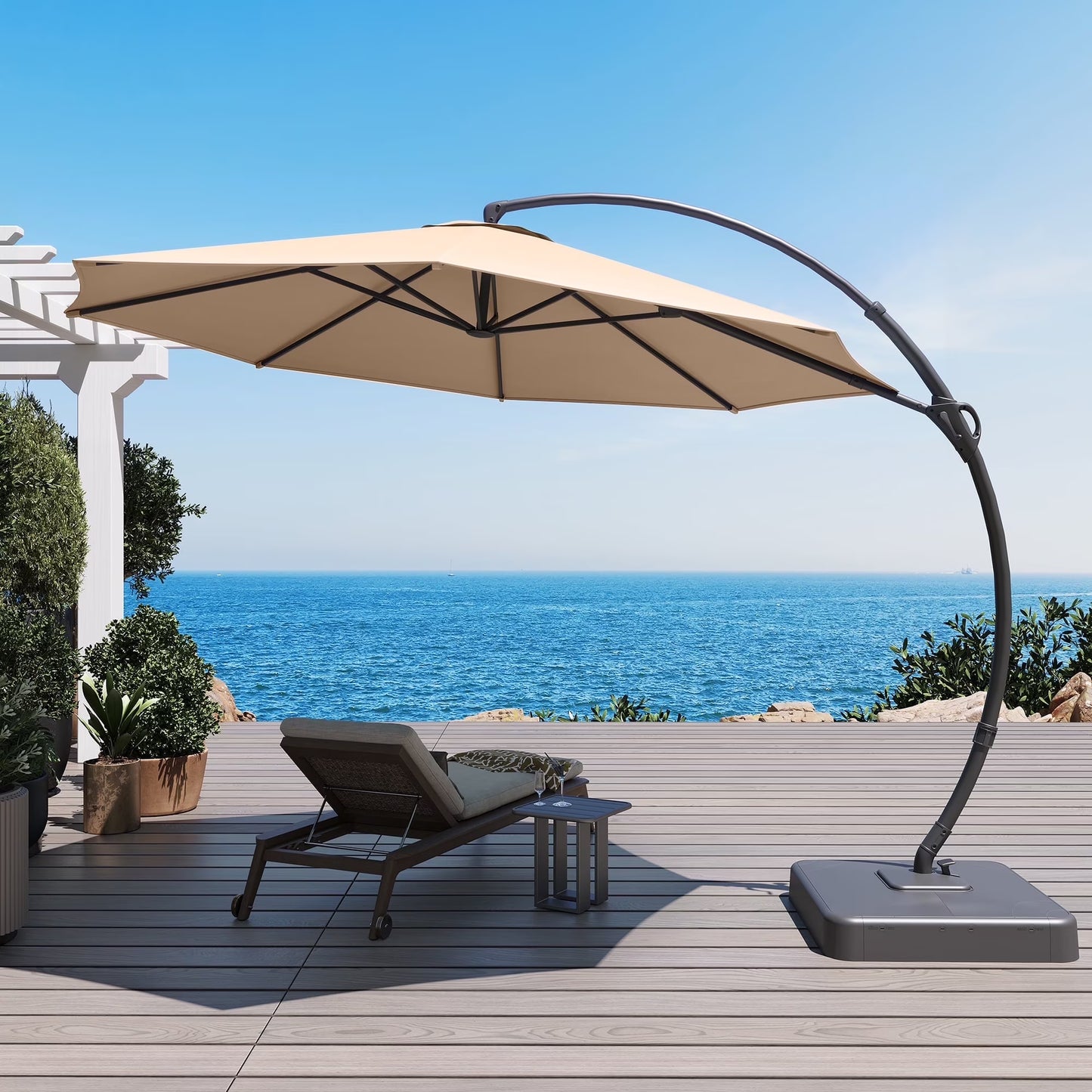 LAUSAINT HOME 11FT Patio Umbrella with Base, Outdoor Deluxe Curvy Cantilever Umbrella for Patio Pool Deck, Champagne(11'/Champagne)