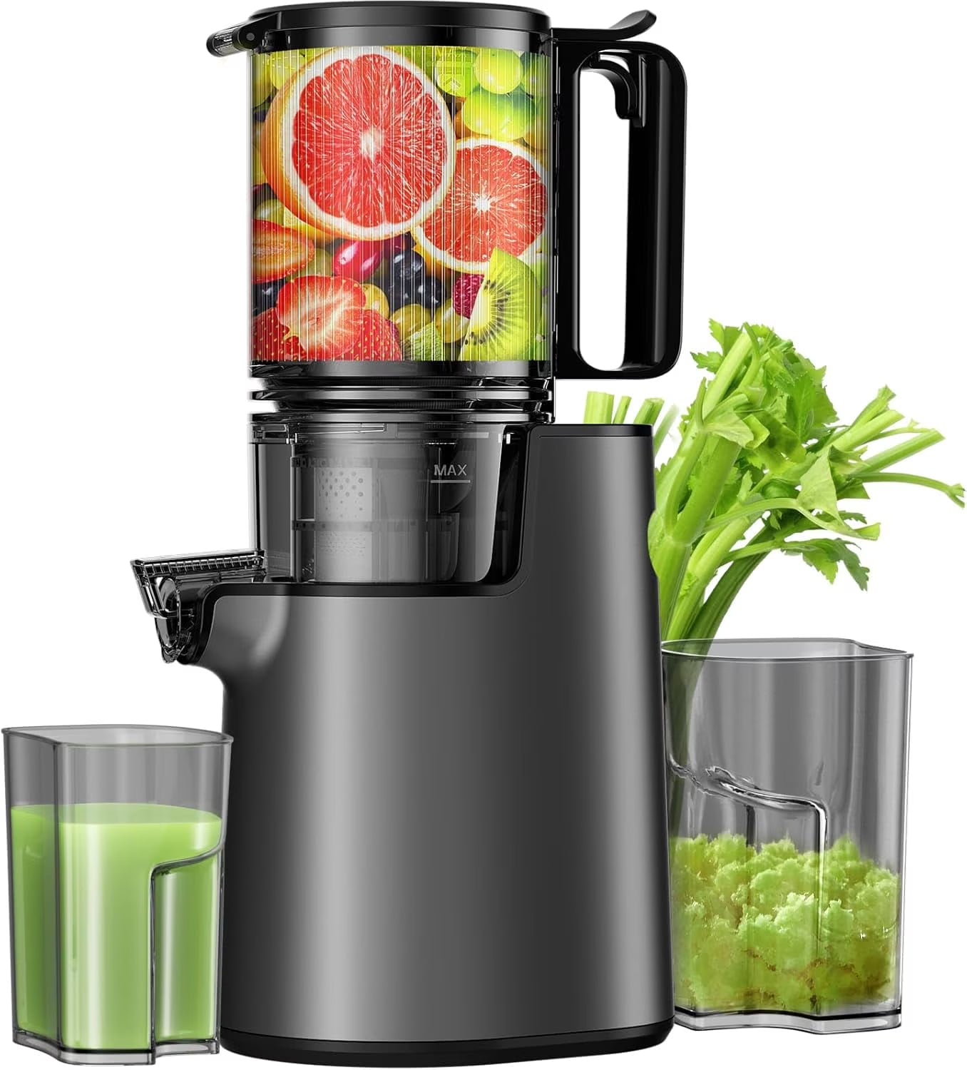 YPONE Cold Press Juicer, Masticating Juicer with 5.4" Wide Feed Chute, 350w Slow Juicer Machines Fit Whole Vegetables and Fruits,Juice Extractor Machine with High Juice Yield, Easy to Clean(Black)(Black)
