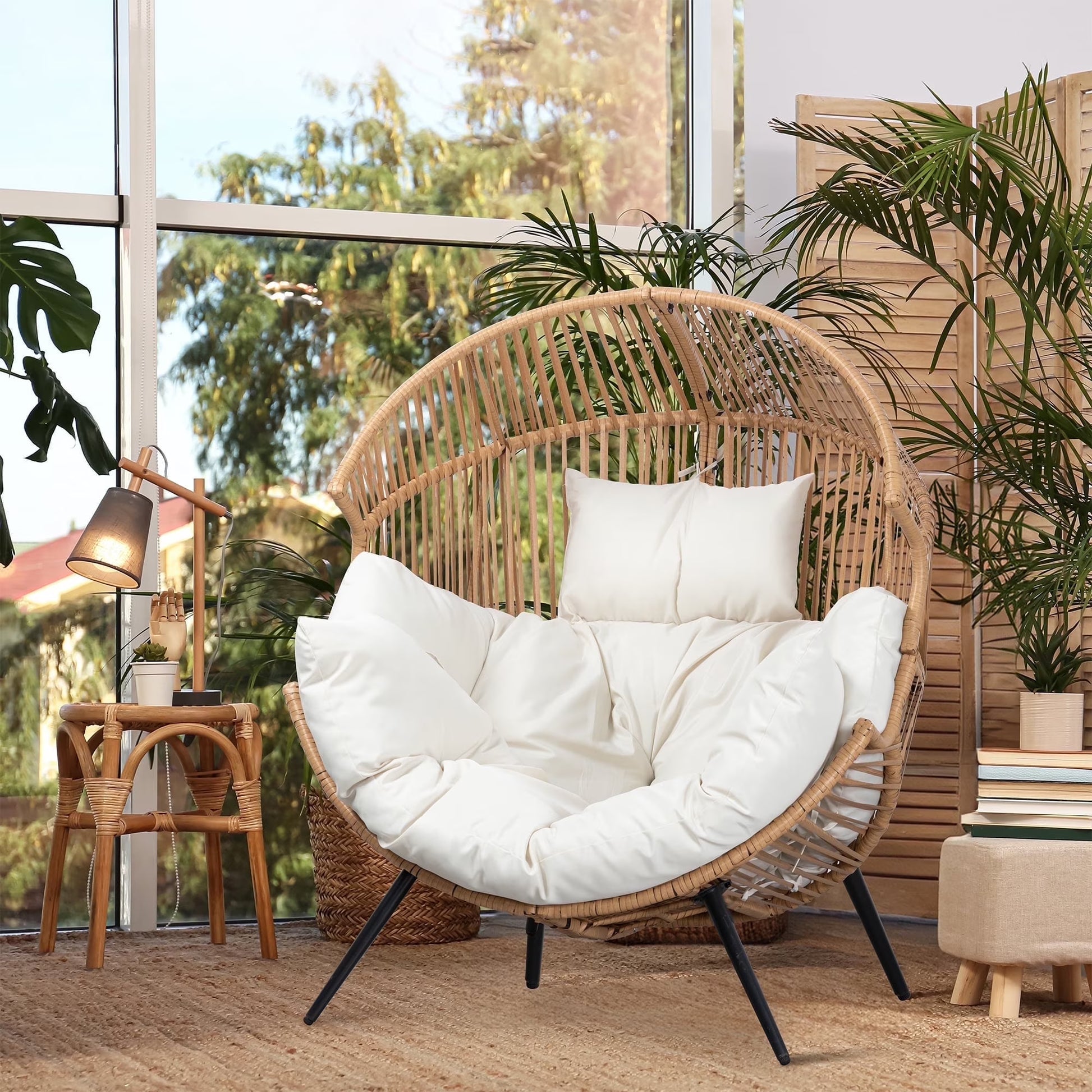 Walsunny Egg Chairs Outdoor Patio Wicker Oversized Egg Shell Lounger Lawn Chair with Cushion for Indoor Outside Porch Balcony Backyard, Original Wood Color Rattan Beige Cushion(Wooden Color Rattan Beige Cushion/No-Rocking)