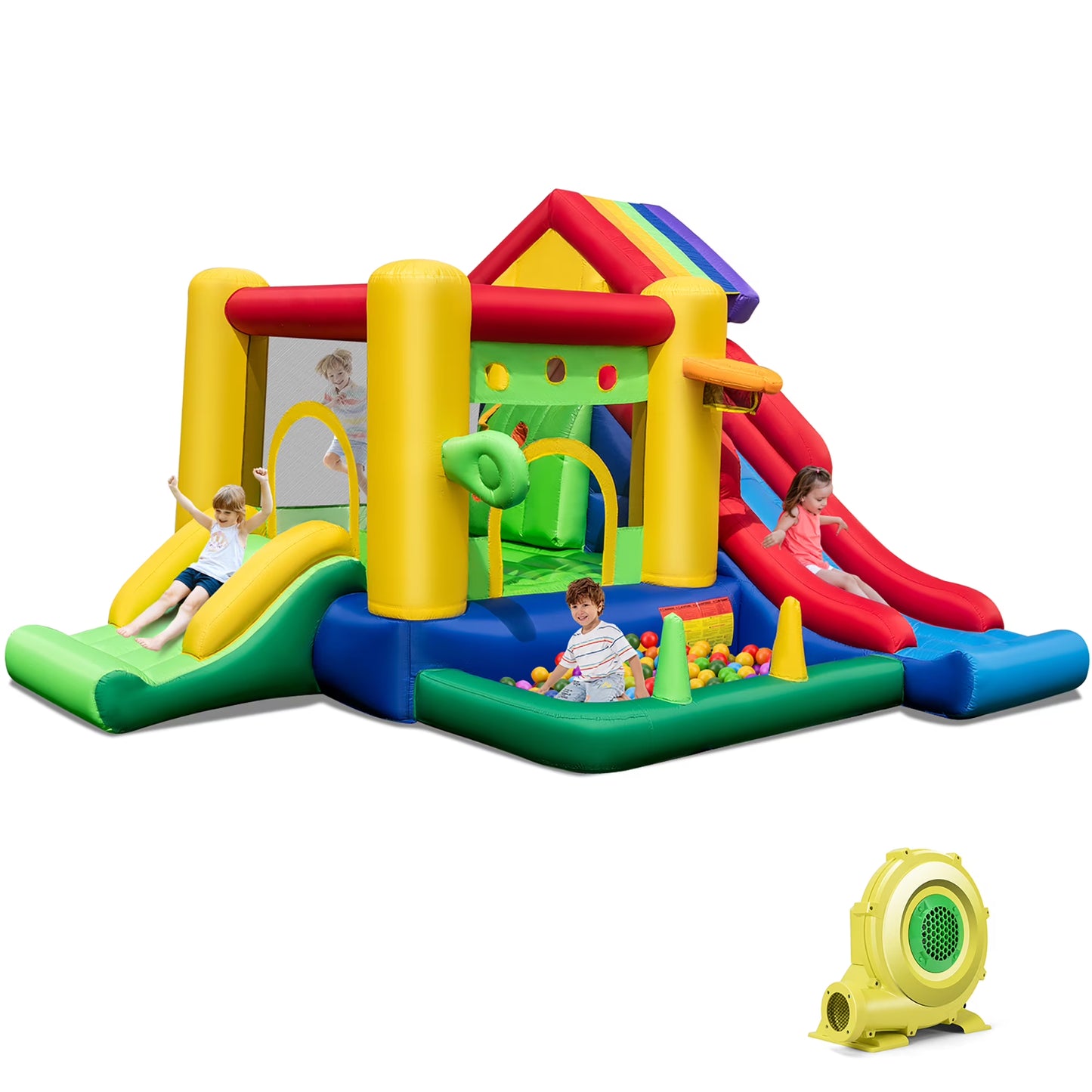 Costway Colorful Rainbow Kids Inflatable Bounce Castle with 50 Ocean Balls  735W Blower