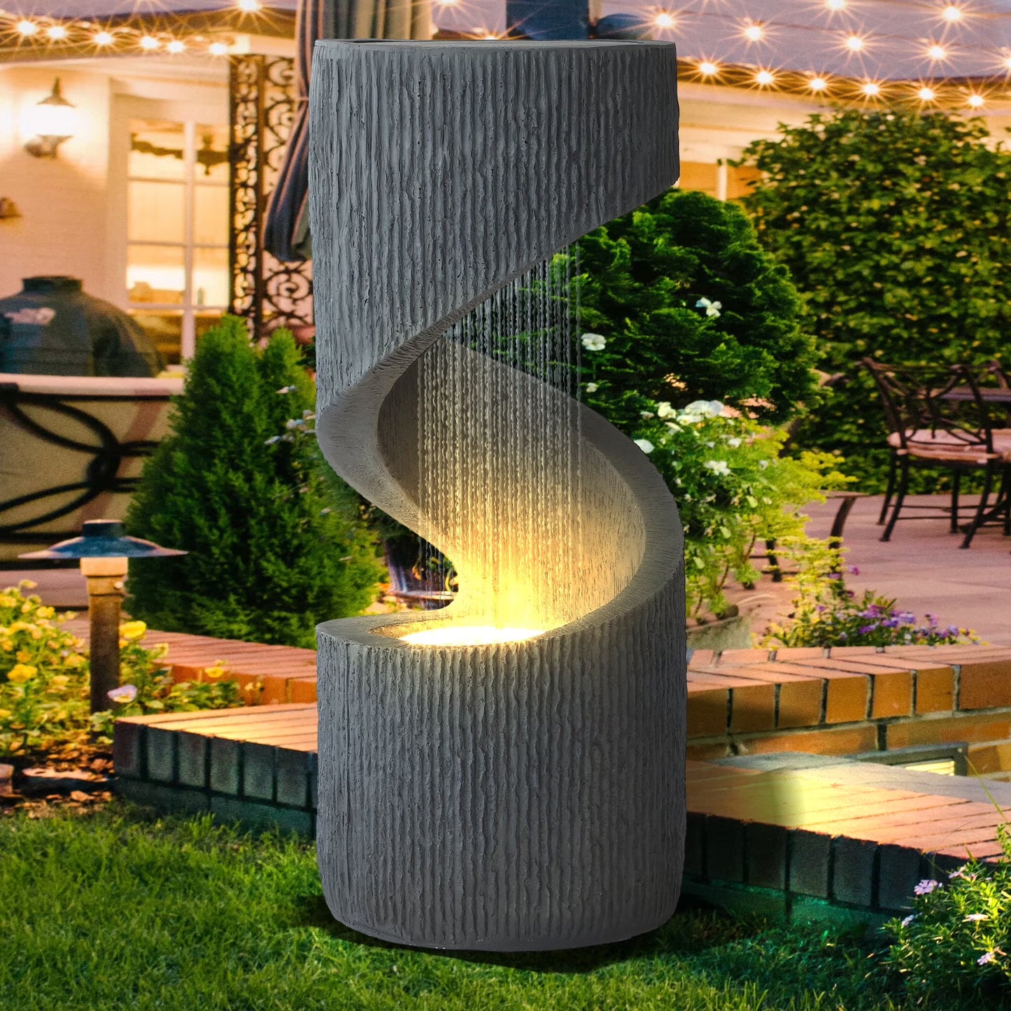 Magic Union Outdoor S-Shaped Water Fountain, Spiral Waterfall Indoor Fountain Outside Garden Decor with LED Lights  Pump, Curved Patio Resin Fountains for Yard, Deck, Porch and Home Decorations