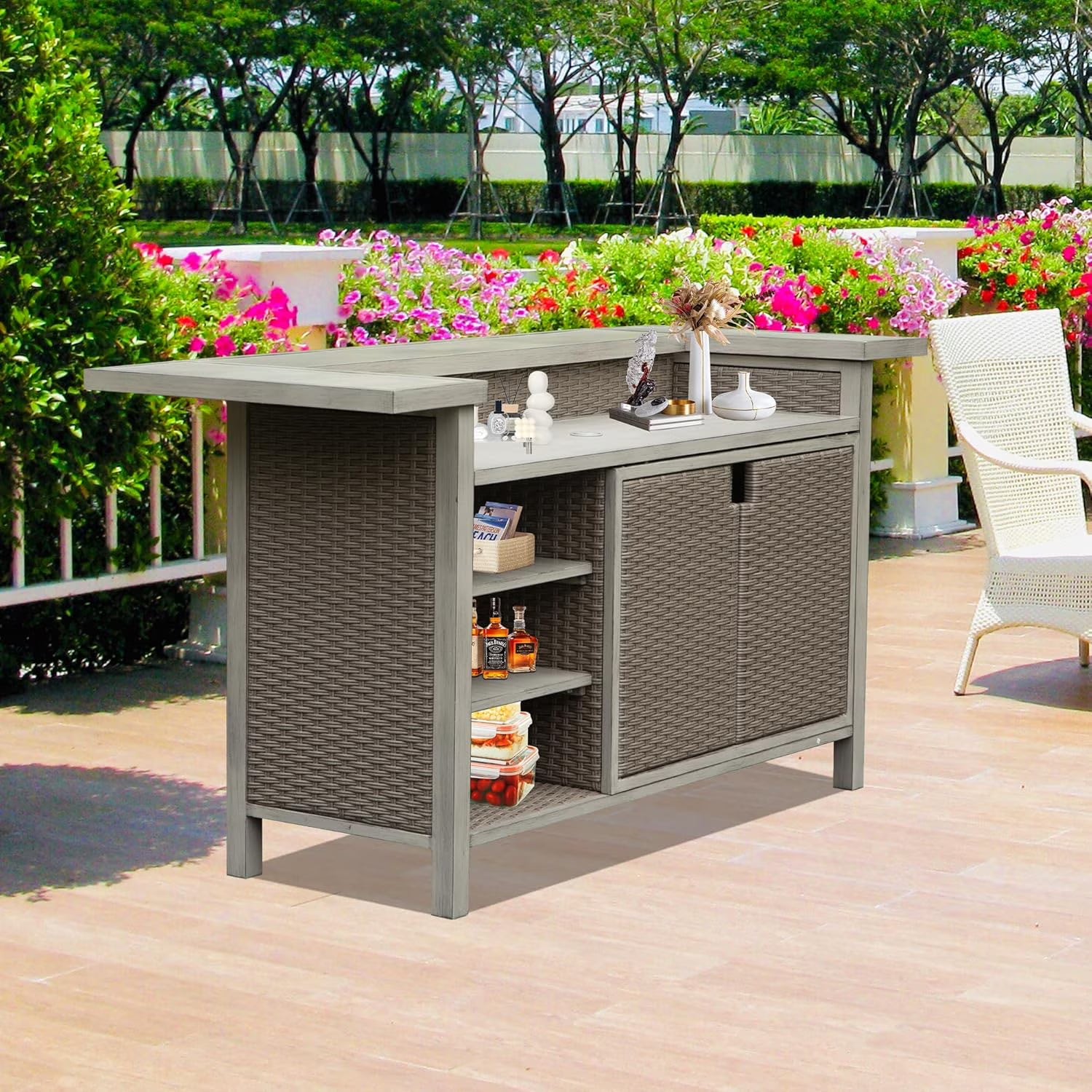 Domi Patio Bar Table, Outdoor Aluminum PE Wicker Bar Cart with Cabinet, All-Weather Storage Cabinet for Patio Kitchen or Bar, Wood Grain Finish