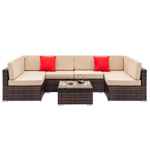 Wicker Patio Sofa Sets, 7 Pieces Outdoor Seating Sets, Lounge Sofa and Tempered Glass Coffee Table, Deck Front Garden Furniture Set, Brown Rattan + Beige Cushion(Brown)