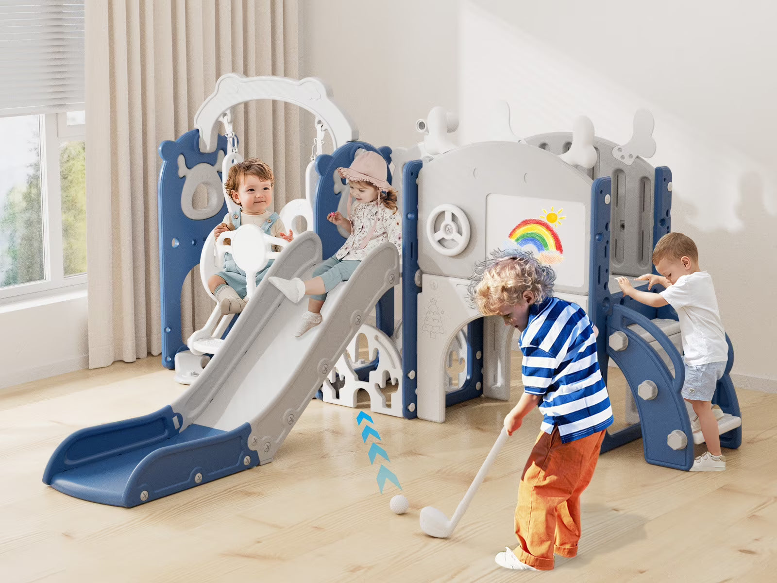 KORIMEFA 13-in-1 Toddler Slide, Kids Swing and Slide for Toddlers Age 1-4, Outdoor Indoor Playground Playset for Toddlers with Basketball Hoop and Ball Playset Telescope, Blue(Blue)