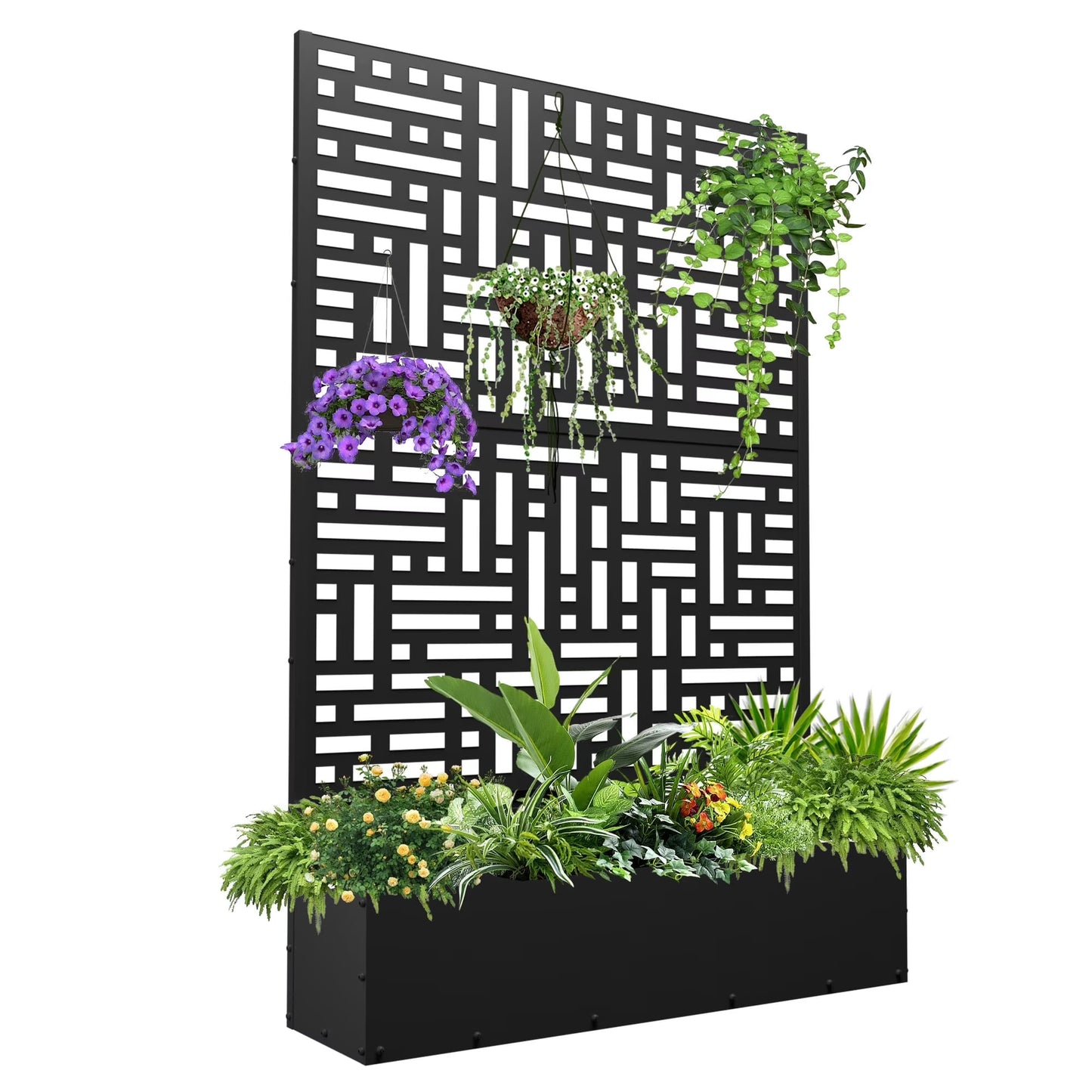 FOOWIN 71'' H Metal Planter with Trellis, Outdoor Raised Garden Bed for Climbing Plants, Trellis Planter Box with Drainage Hole, Black(Single/Black)