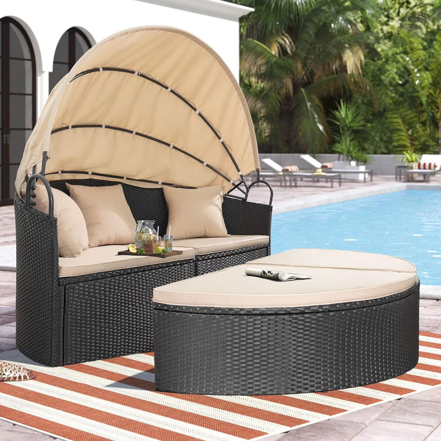 Lacoo Outdoor Patio Round Daybed with Retractable Canopy Wicker Furniture Sectional Seating with Washable Cushions for Patio Backyard Porch Pool Daybed Separated Seating (Beige)(Black/Beige)