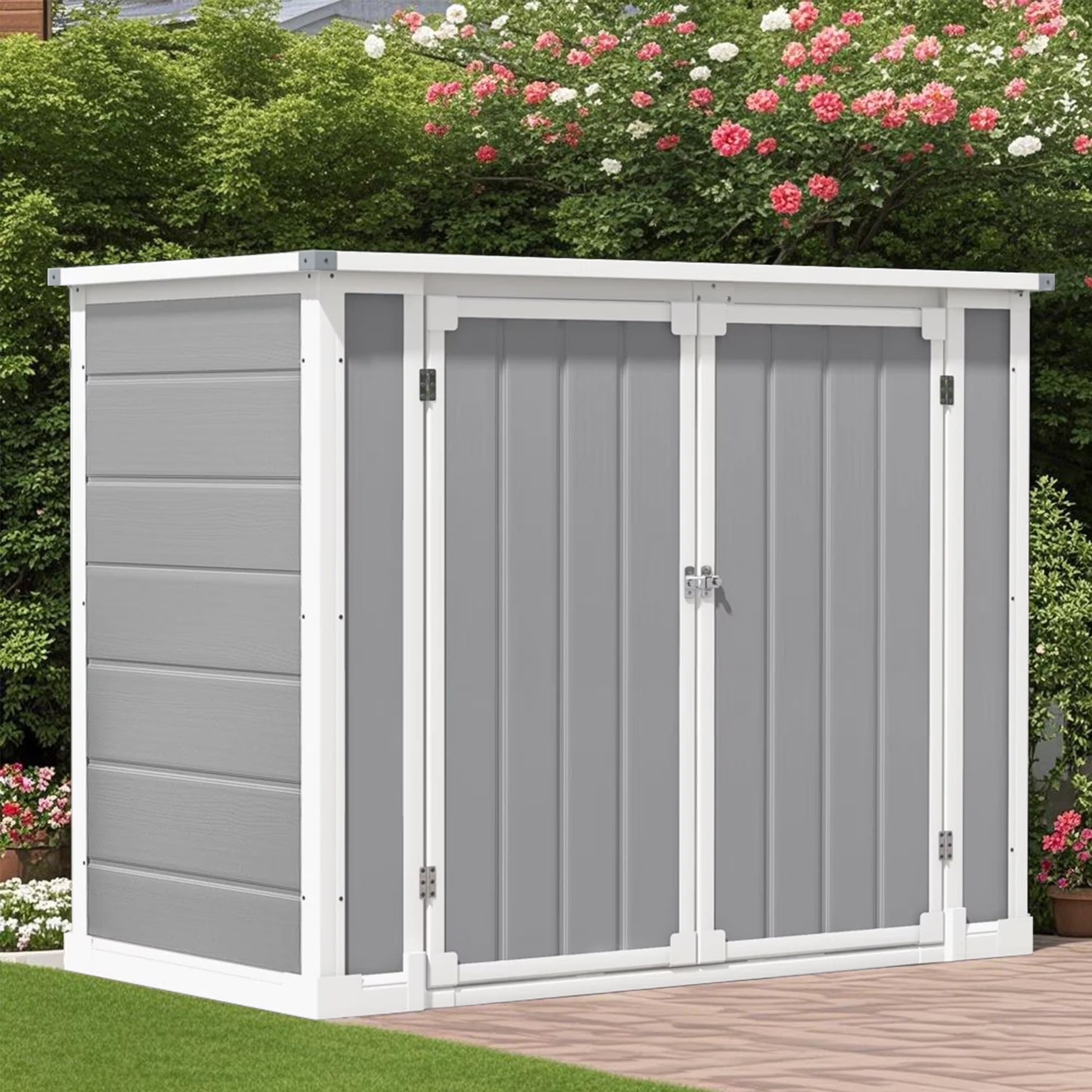 Seizeen Shed and Outdoor Storage, 41 Cu.Ft Small Outdoor Resin Shed with 3 Doors  Floor, 306GAL Deck Box Waterproof Plastic Tool Storage Shed for Cushion Lawn Mower Garbage Cans(Gray)
