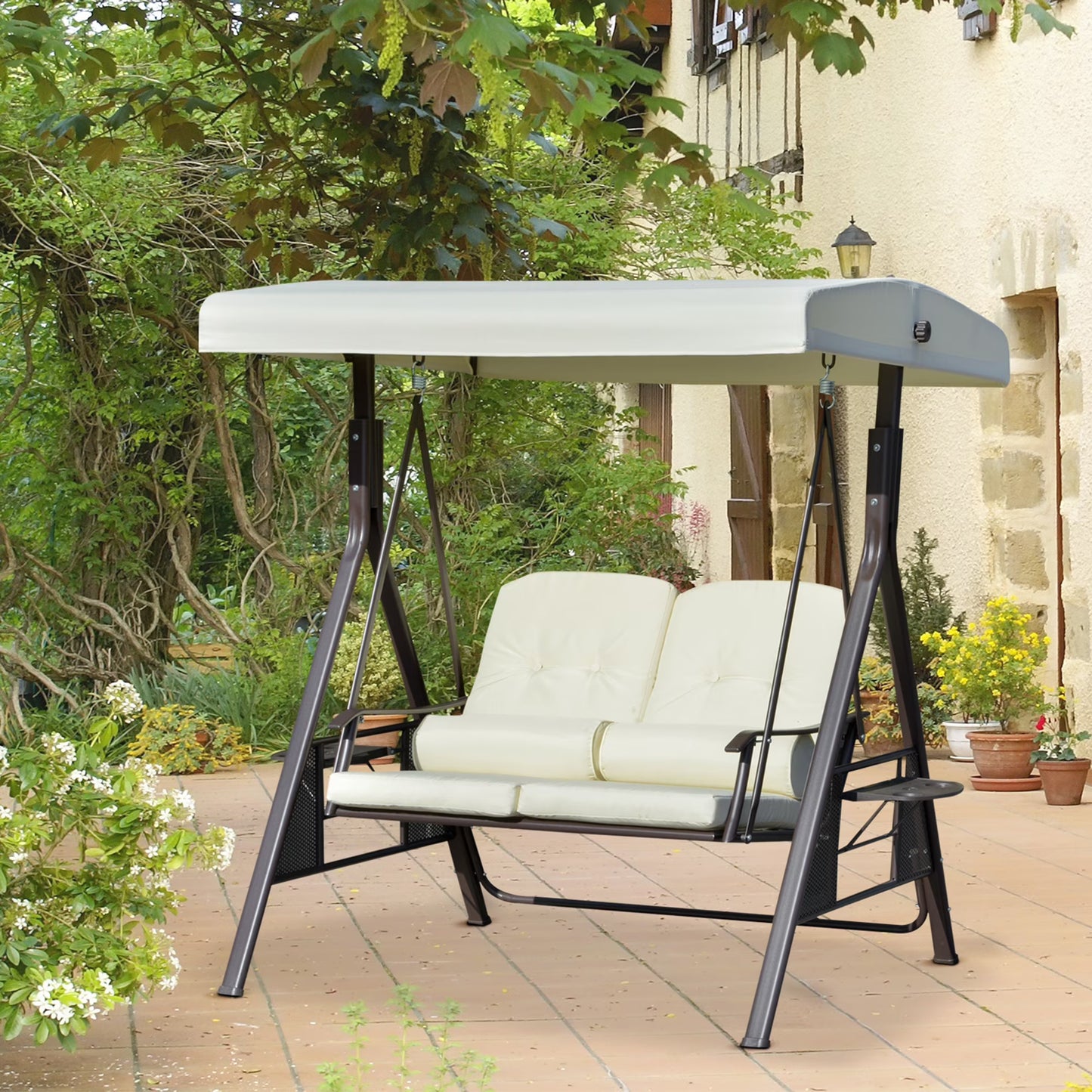 Outsunny 2-Person Patio Swing Bench with Adjustable Shade Canopy, Soft Cushions, Throw Pillows and Tray, Beige.(Beige)