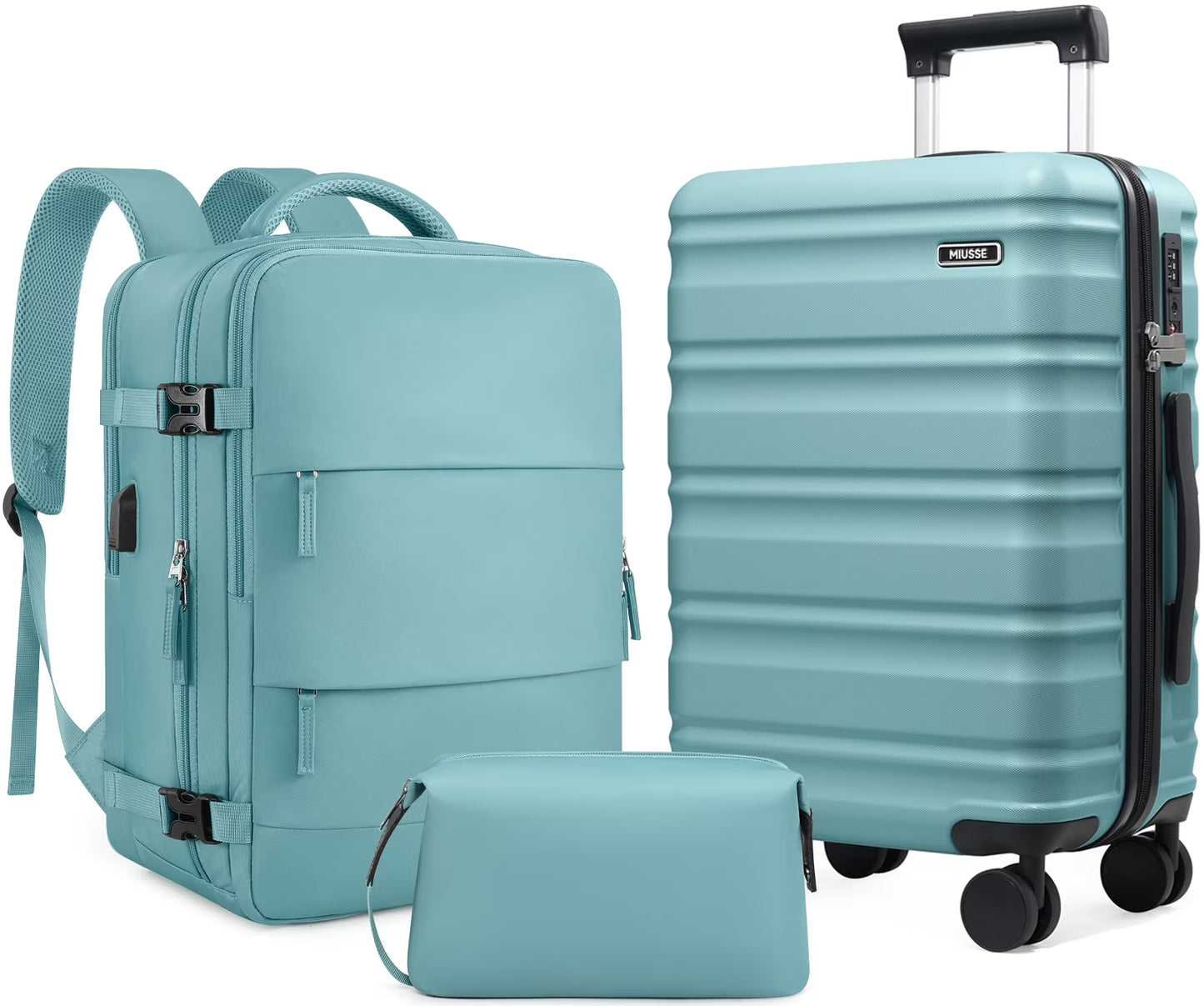 MIUSSE Luggage Sets 3 Piece, 20 Inch Carry On Luggage with Wheels, 100% PC Hardshell Suitcase with TSA Lock, Carry On Suitcases Airline Approved With Travel Backpack for Men Women(3 Piece Set-Light Blue)