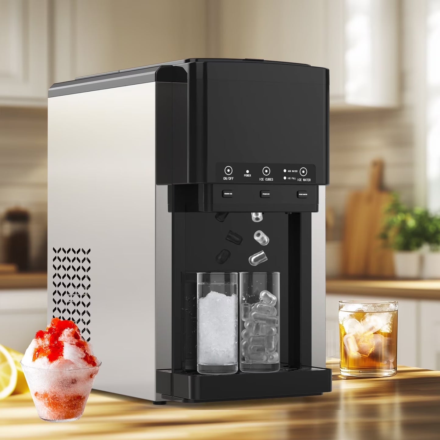 Advwin 3 in 1 Water Dispenser with Ice Maker Countertop, Bullet Ice, Crushed Ice, Water Cooler, 44Lbs/24H, 12 Ice Cube/6Min, Self-cleaning, 4Lbs Ice Storage, Home, Kitchen, Party, RV(Crushed Ice/Black/6 L)