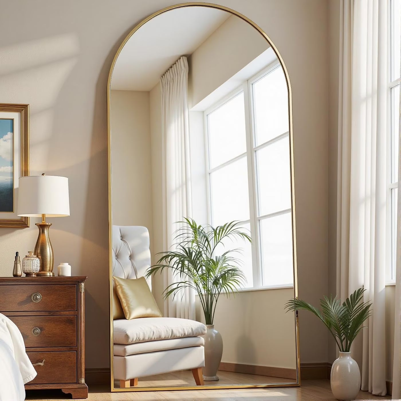 Arched Full Length Mirror, 71"x26" Large Floor Standing Body Mirror with Stand, Gold(Gold)