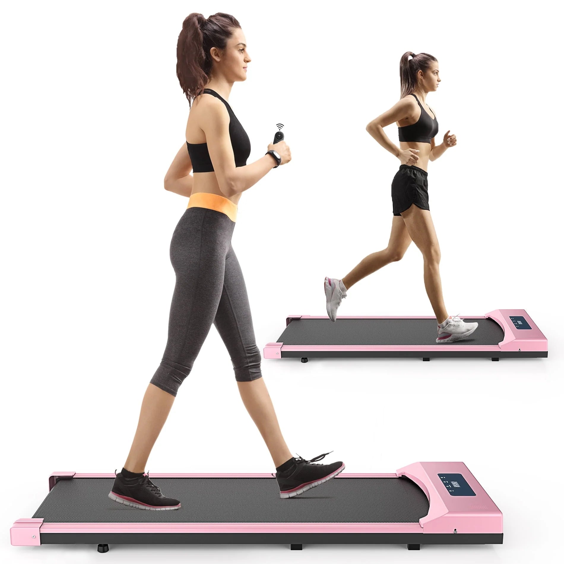 Adnoom Under Desk Treadmill,2.5HP Installation-Free Slim Flat Compact Treadmill,Electric Quiet Walking Treadmill with LED Display and Wireless Remote Control for Home/Office (pink)