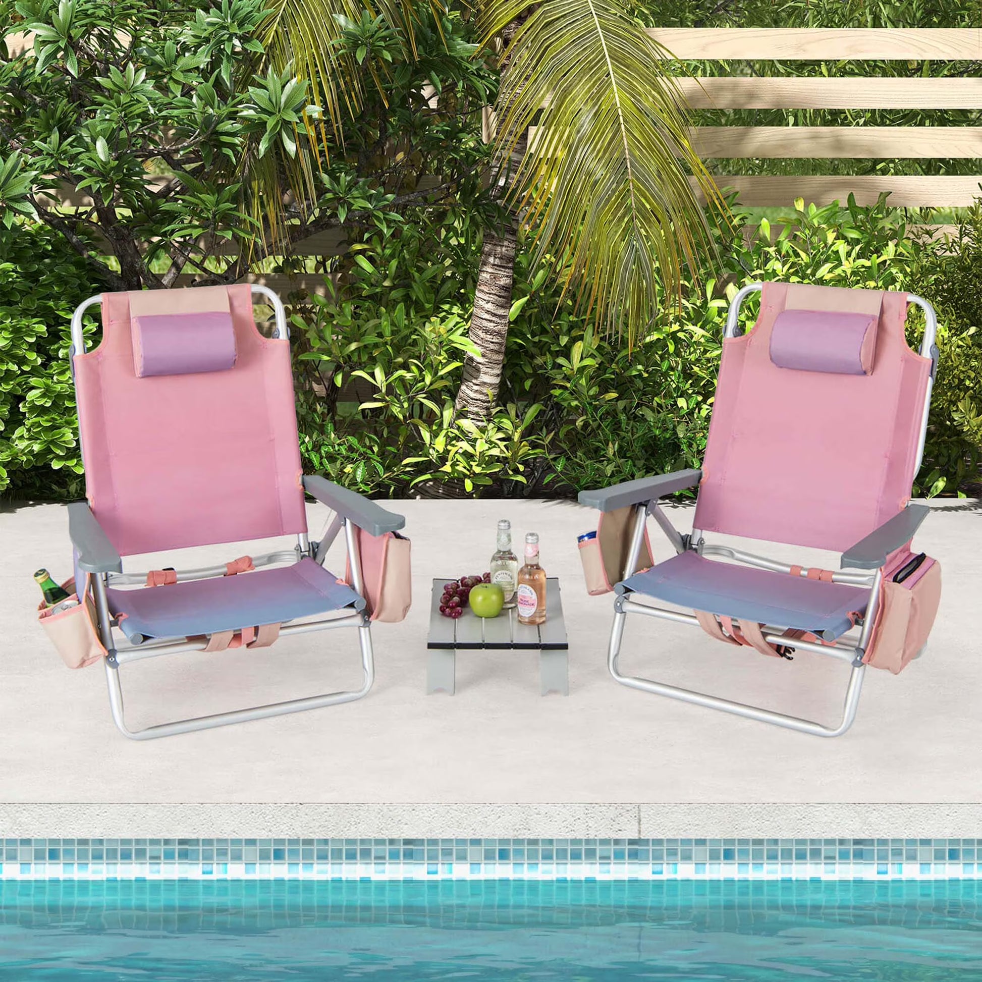 Costway 2-Pack Folding Backpack Beach Chair Table Set 5-Position Outdoor Reclining Chair Pink(Pink)