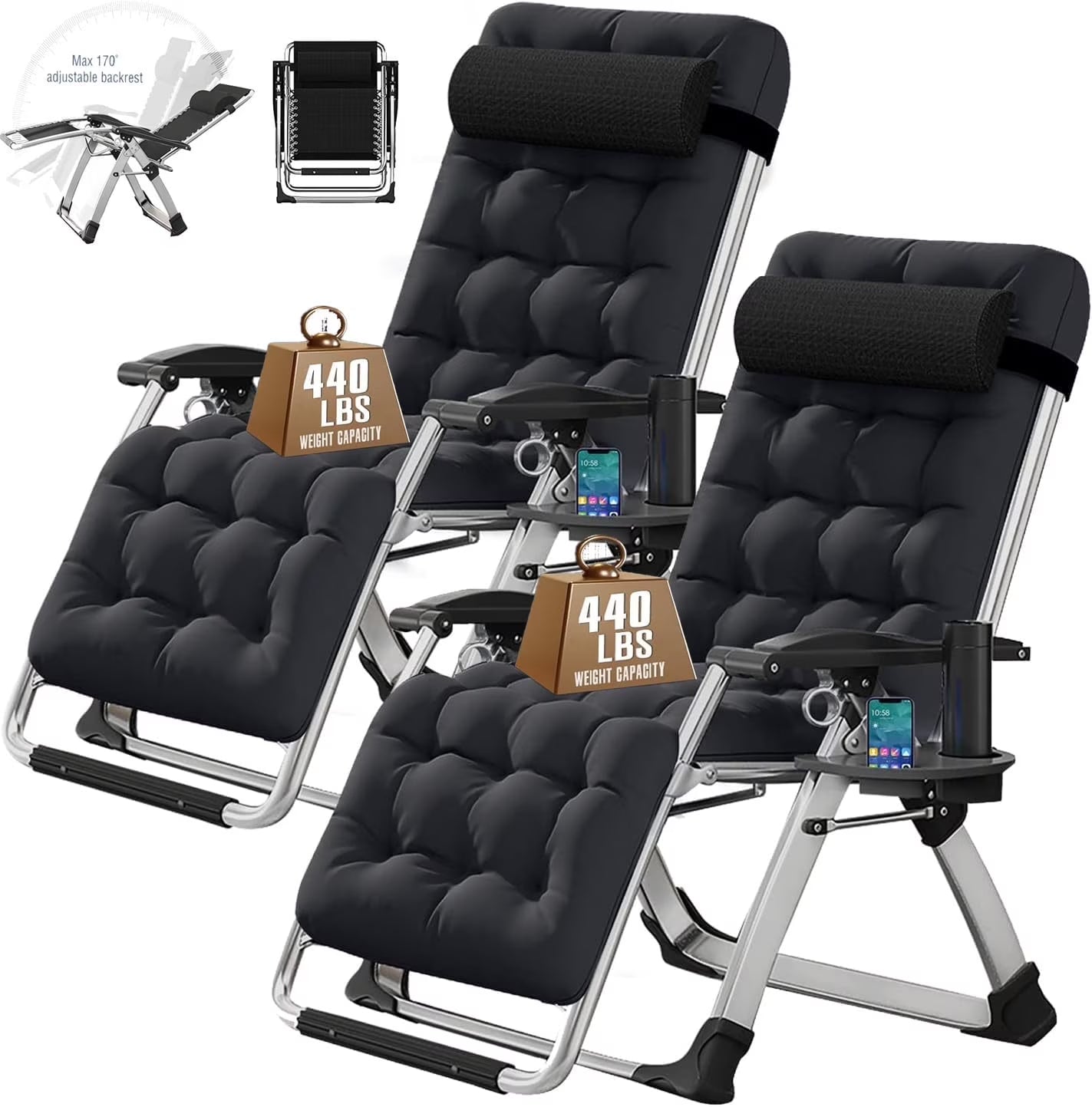 NAIZEA 2 Pack Zero Gravity Chair, Foldable Portable Lawn Recliner with Cushion, Headrest, Cup Holder, Black(2/Grey)