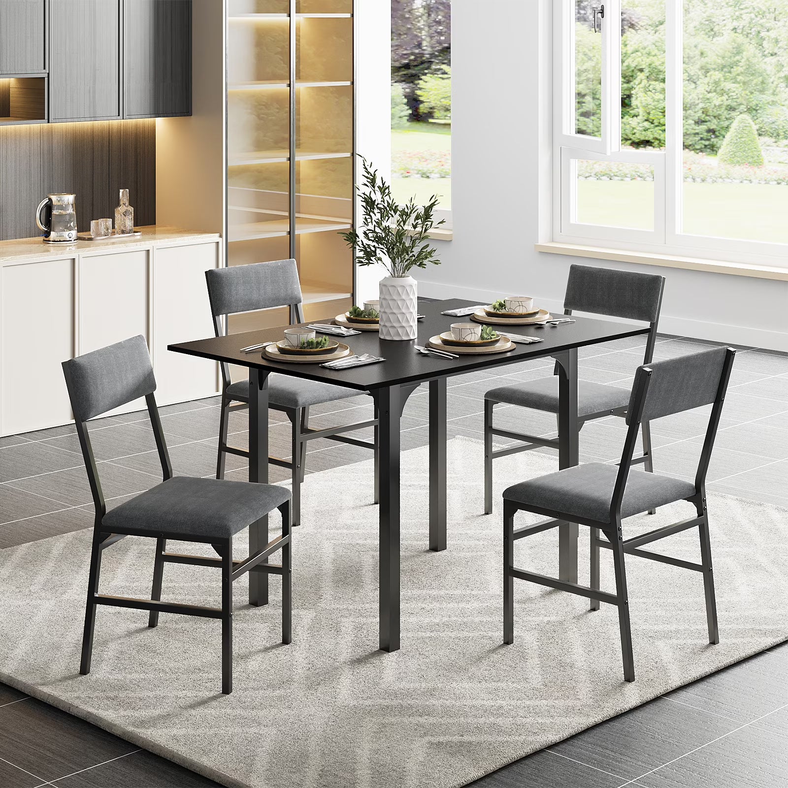 Fairy Dining Table Set for 4, Extendable Kitchen Table Cushion Chairs Set of 4, Rectangle Dining Table with Metal Frame  MDF Board, Folding for Small Apartment Saving Space, Black