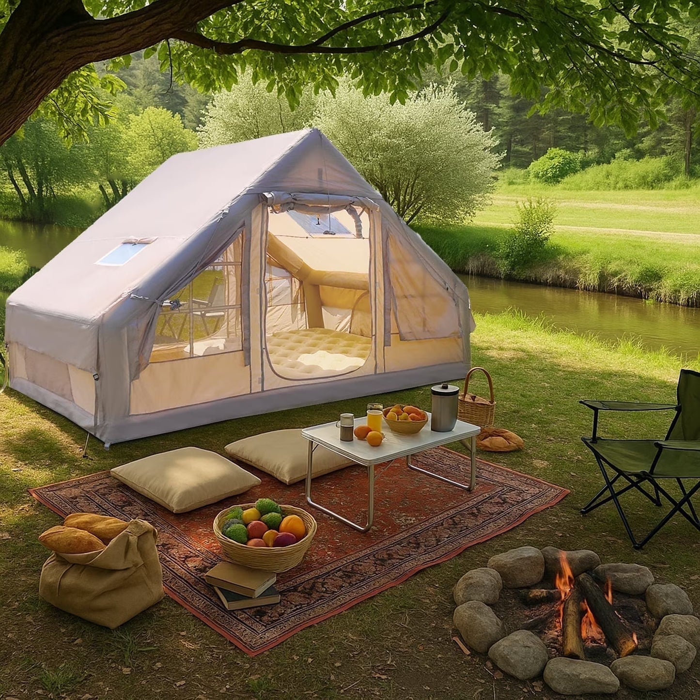 9.8' x 7' Inflatable Camping Tent,4 Season Blow up Tents for Camping, 4-6 Person Inflatable Tent with Stove Jack,Air Tents,Glamping Tent,Waterproof Luxury House with Mesh Window(4-6 people + 9.8 × 6.8 ft + thickened 420D Oxford cloth/khaki)