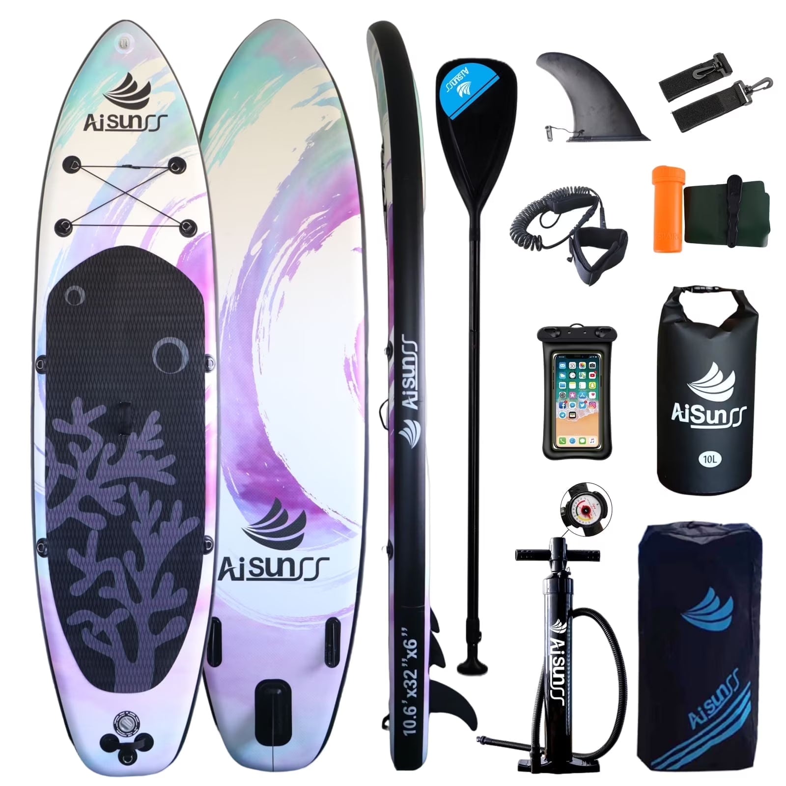 AISUNSS Inflatable Stand Up Paddle Board, 11ft Fishing Paddle Board with SUP Accessories(Purple Coral)