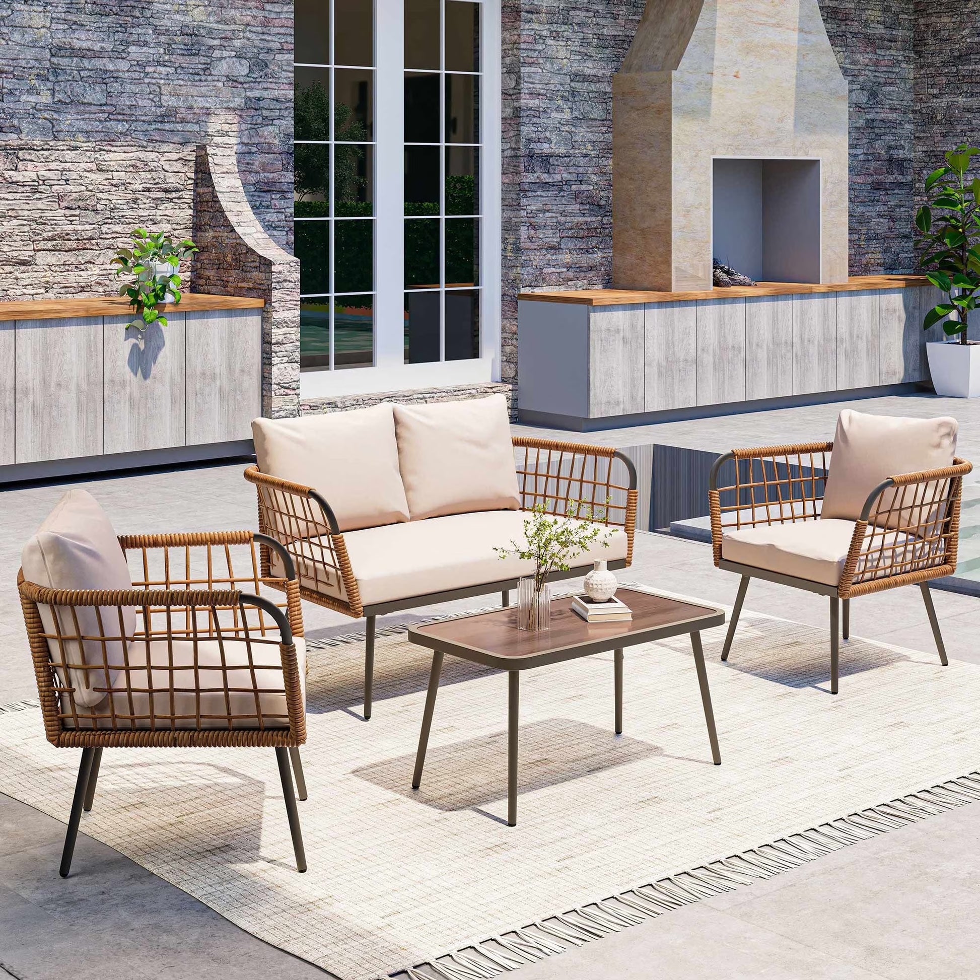 LAUSAINT HOME 4 Pieces Outdoor Conversation Sets, Patio Metal Frame Sofa with Wood Loveseat and Coffee Table, Beige Cushions(4-seat)