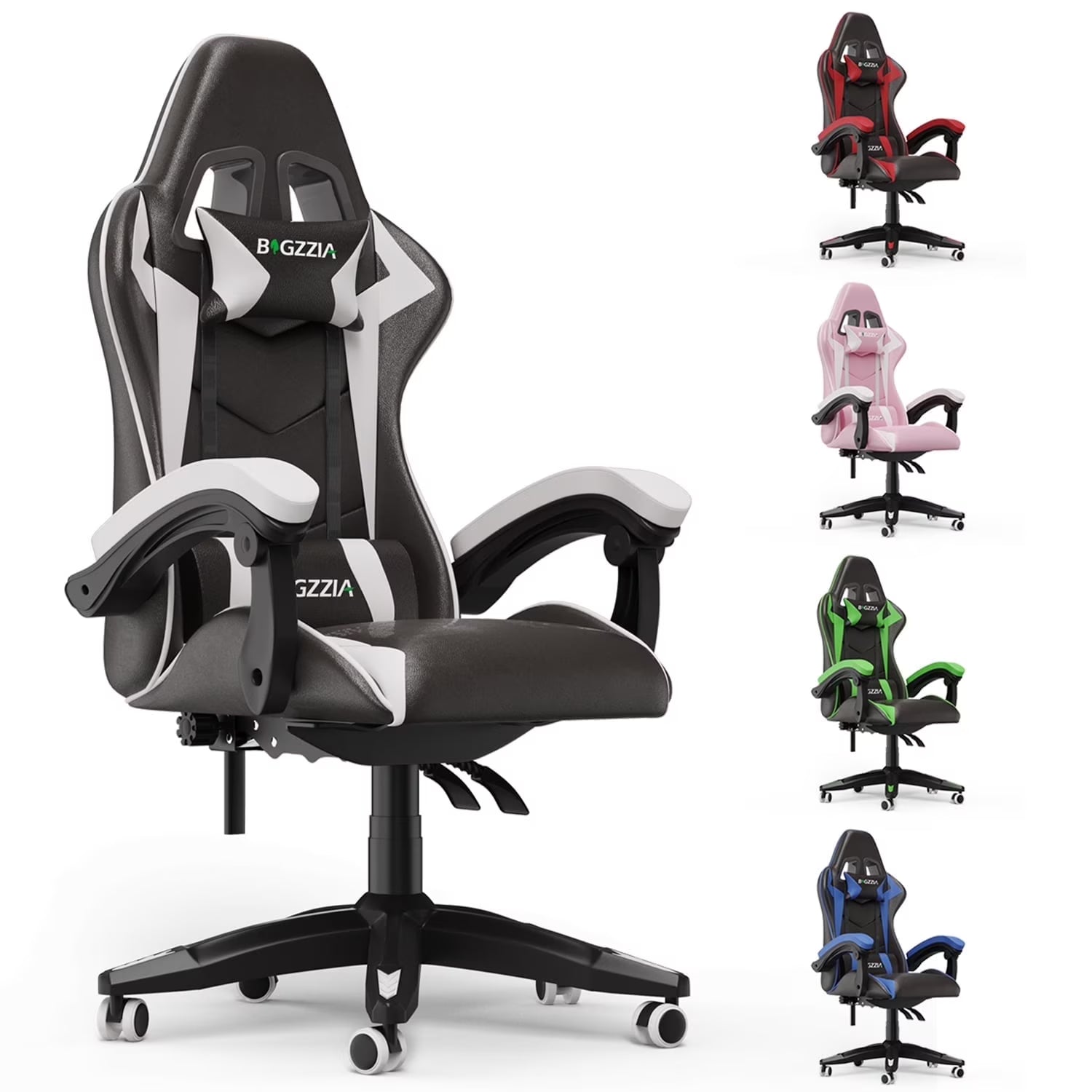 Bigzzia Gaming Chair Office Chair, Ergonomic Game Chair with Height Adjustable Headrest and Lumbar Support for Adults Teens, Black  White(Black  White)
