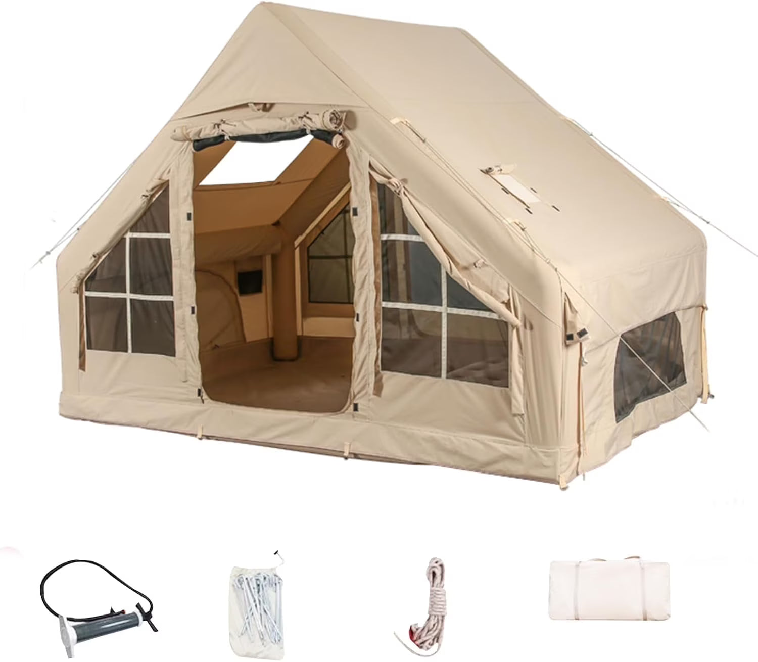 Inflatable Camping Tents With Hand Pump, Air Glamping Tents, Easy SetupWaterproofand Windproof Blow Up Tent, 4 Seasons Oxford Cabin Tent With esh ChimneyWindow.