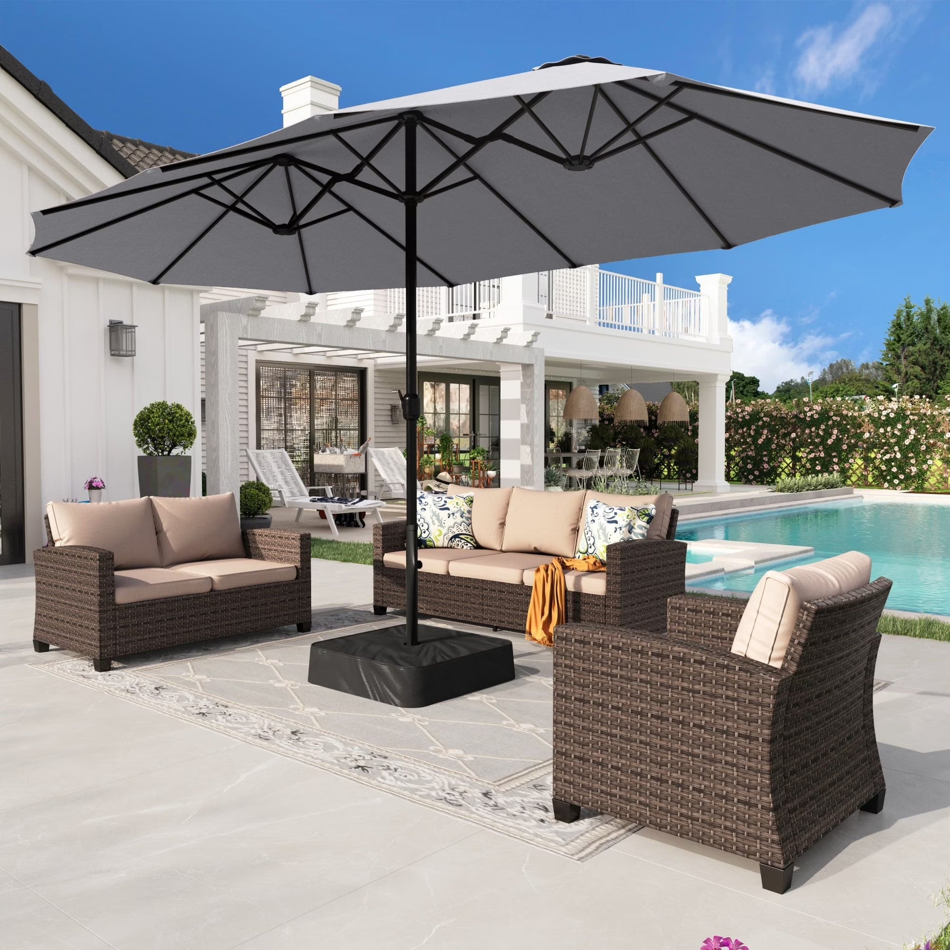 Alpha Joy 15ft Outdoor Patio Umbrella Extra-Large Double-Sided Garden Umbrella with Crank Handle and Base - Smoky Gray(Smoky Gray)