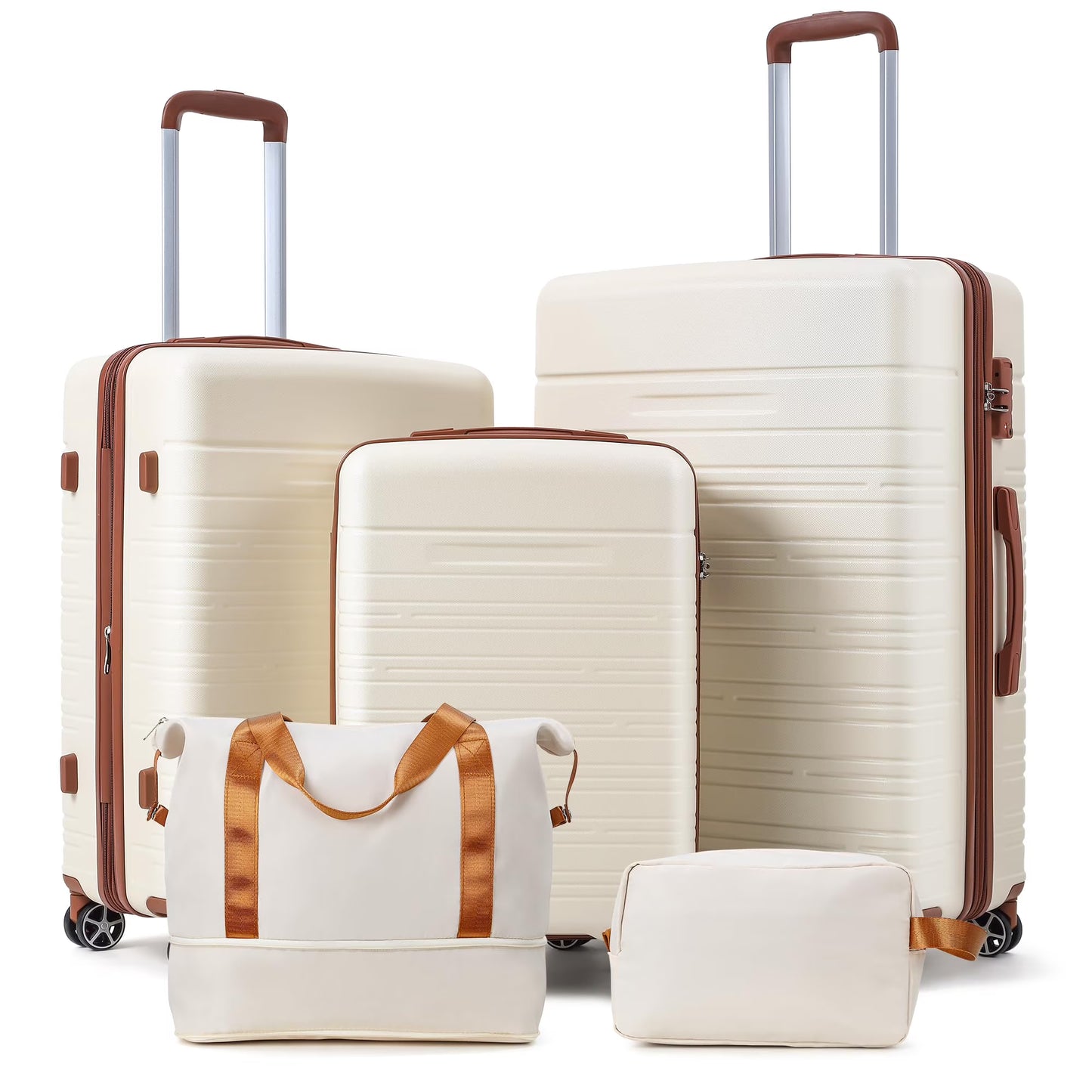 Danolapsi Luggage Sets 5 Piece Suitcases with Spinner Wheels,Womens Luggage Sets Carry on Bag Set,Hardside Carry On Suitcase Sets with Tsa Locks Duffel Bag,Travel Luggage(White+Brown)