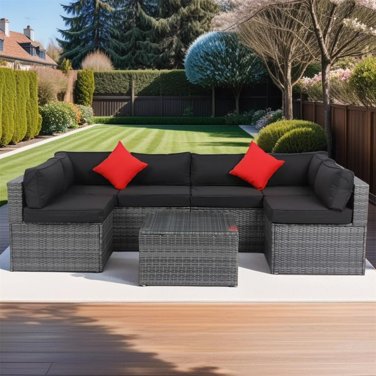 7 Piece Patio Furniture Sets Outdoor Sectional PE Rattan Outdoor Furniture Patio Conversation Set with Cushions and Glass Coffee Table, for Balcony Lawn and Garden, Gray(7pcs#Gray)