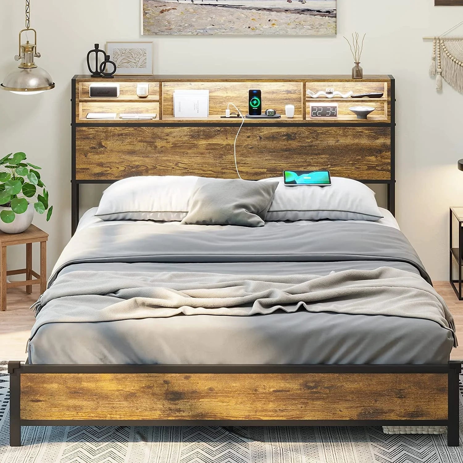 Full LED Bed Frame with Charging Station and Storage Headboard,Full Size Metal Platform Bed with LED Lights, Rustic Brown
