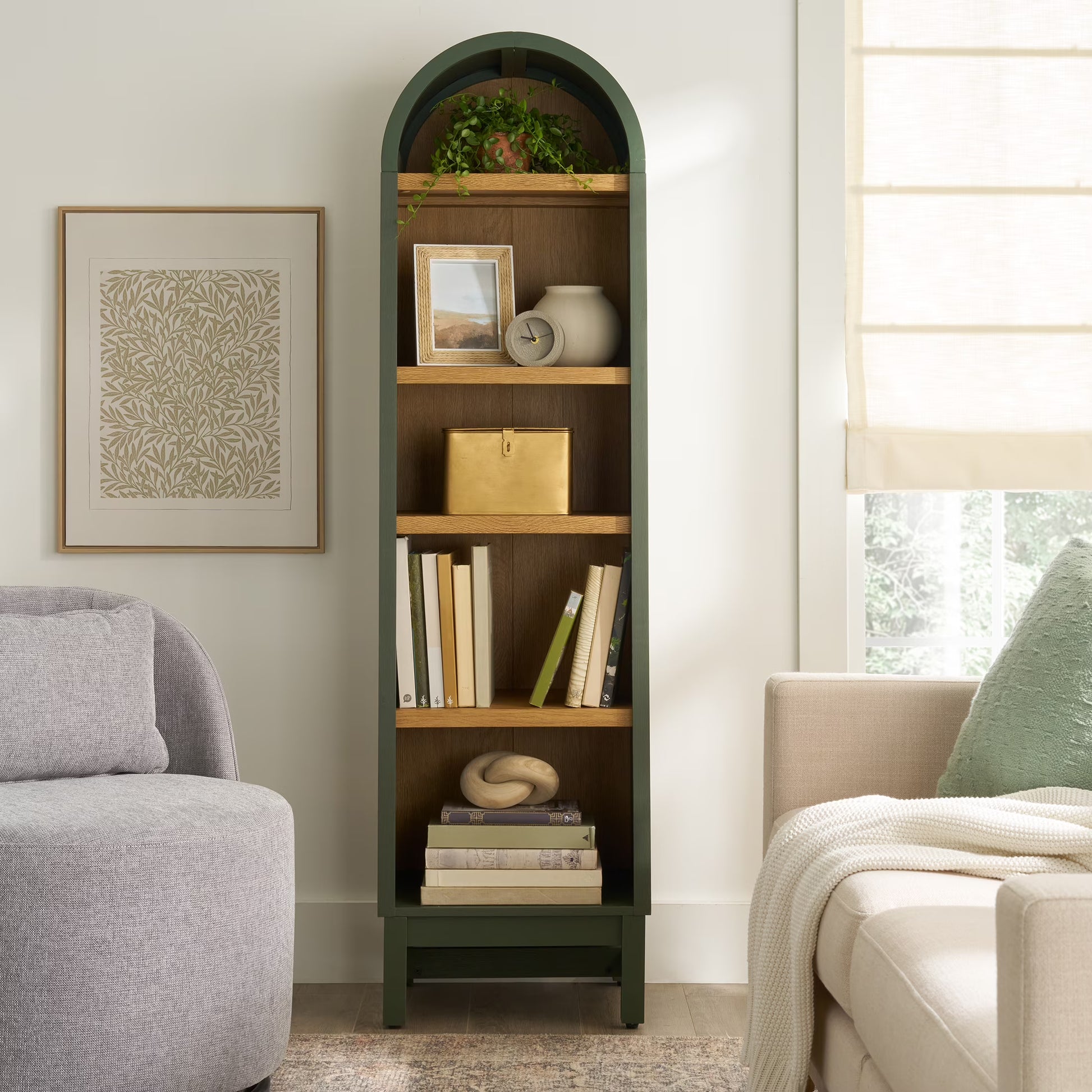 Better Homes  Gardens Juliet Narrow Arch Bookcase, Deep Green and Light Honey(Green)
