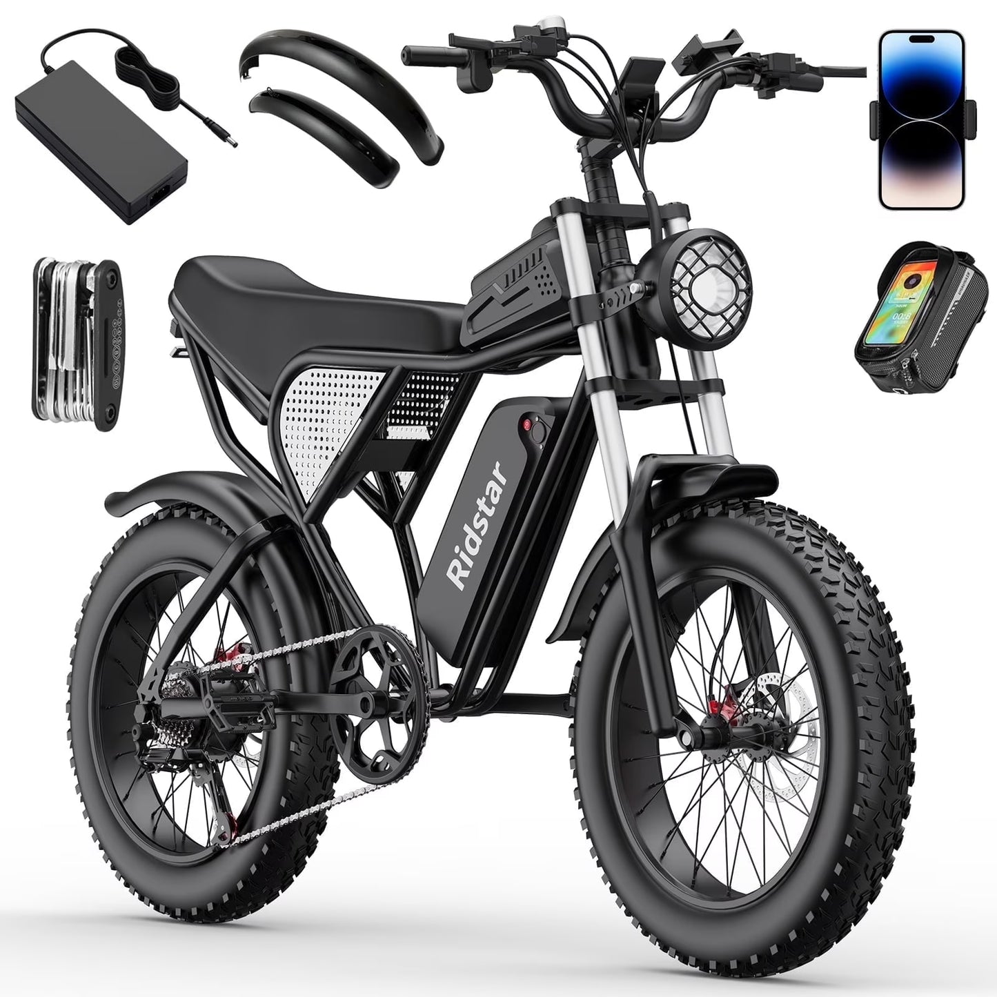 Ridstar 1500W Electric Bike for Adults,33MPH 48V 20Ah Electric Bicycle ,20" Fat Tire Full Suspension Mountain Bike UL2849(QQ20-20inch-1500W-48V 20AH)