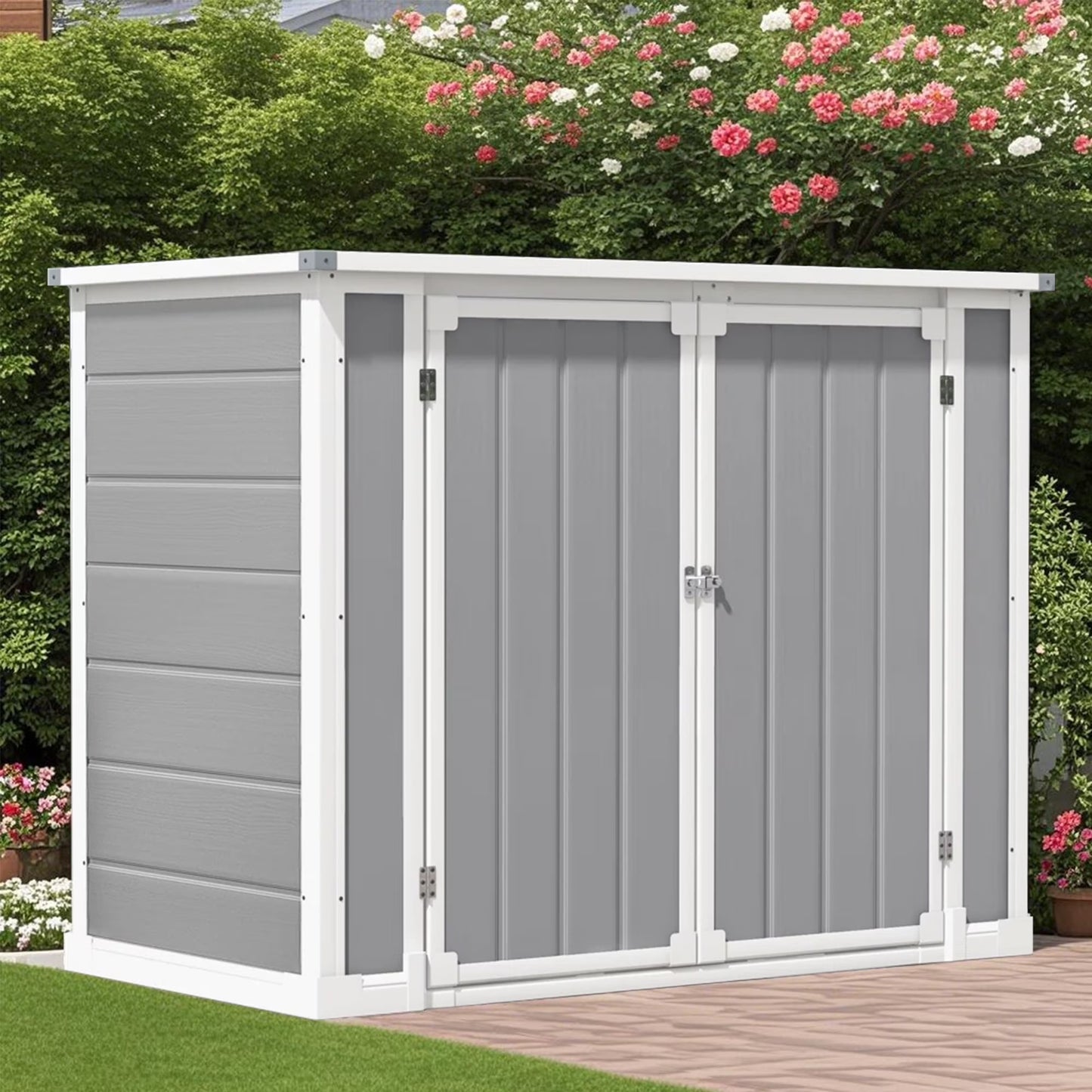 Seizeen Shed and Outdoor Storage, 41 Cu.Ft Small Outdoor Resin Shed with 3 Doors  Floor, 306GAL Deck Box Waterproof Plastic Tool Storage Shed for Cushion Lawn Mower Garbage Cans(Gray)