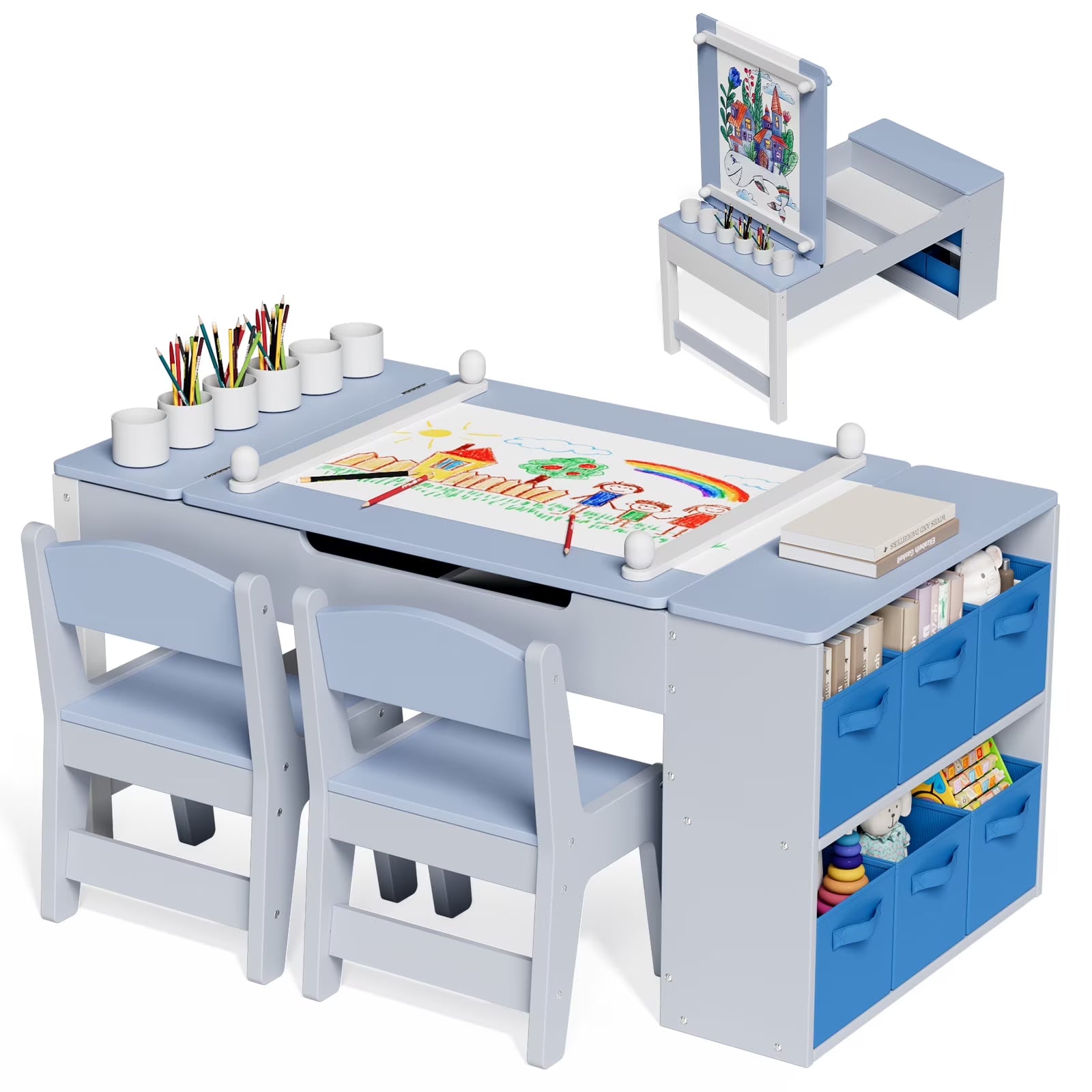 LAZY BUDDY Kids Art Table and 2 Chairs Set, 2 in 1 Easel  Toddler Craft Table and Chairs Set with Storage Bins, Paint Cups and Paper Roll, Activity Table Set for Children 3+(Blue)