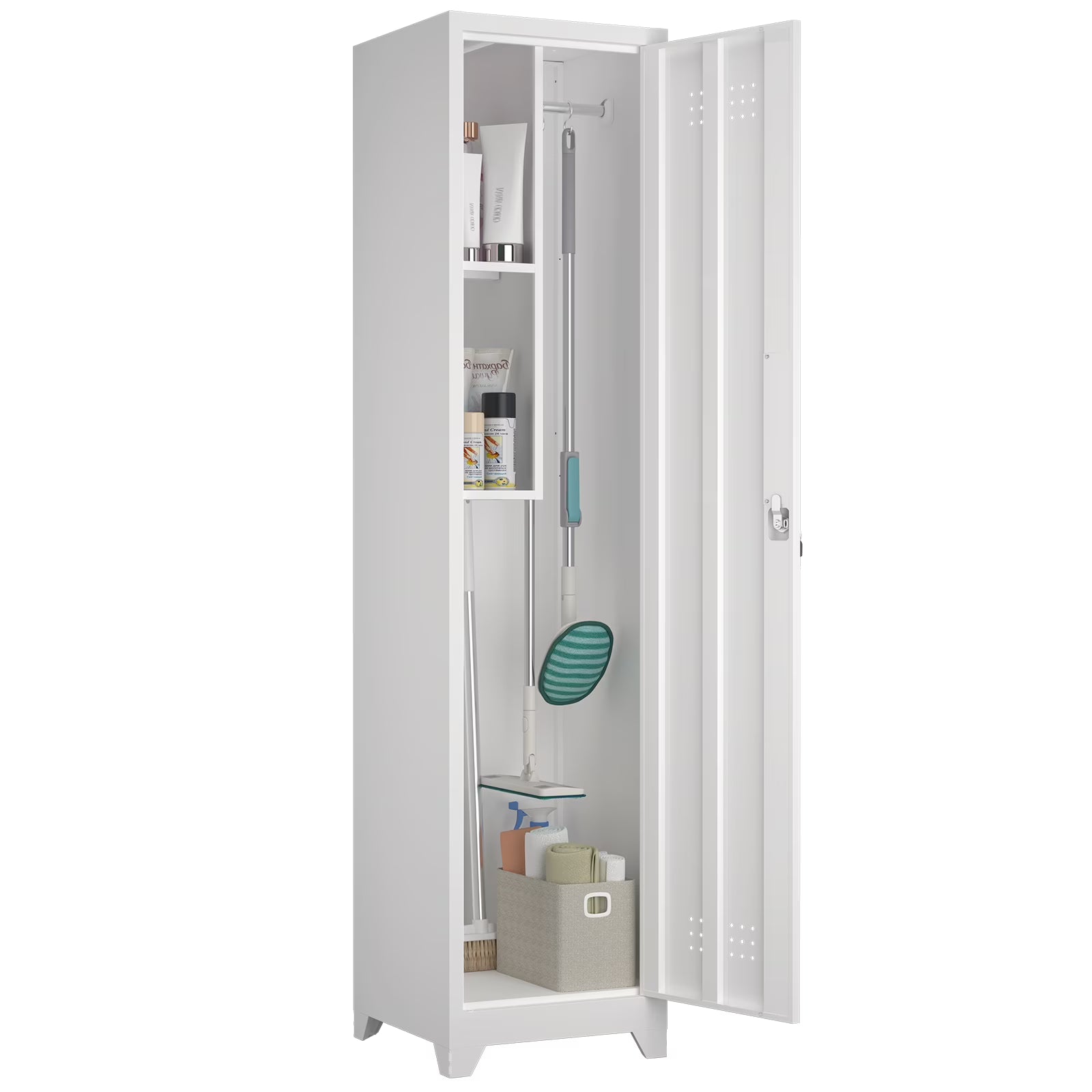 Marcree Slim Broom Storage Cabinet, Metal Cabinet with Shelves and Hanging Rod, 65" Utility Storage Cabinet with Locking Door, Tall Cleaning Storage Cabinet for Kitchen, Pantry, Office, Shop, Garage(White)