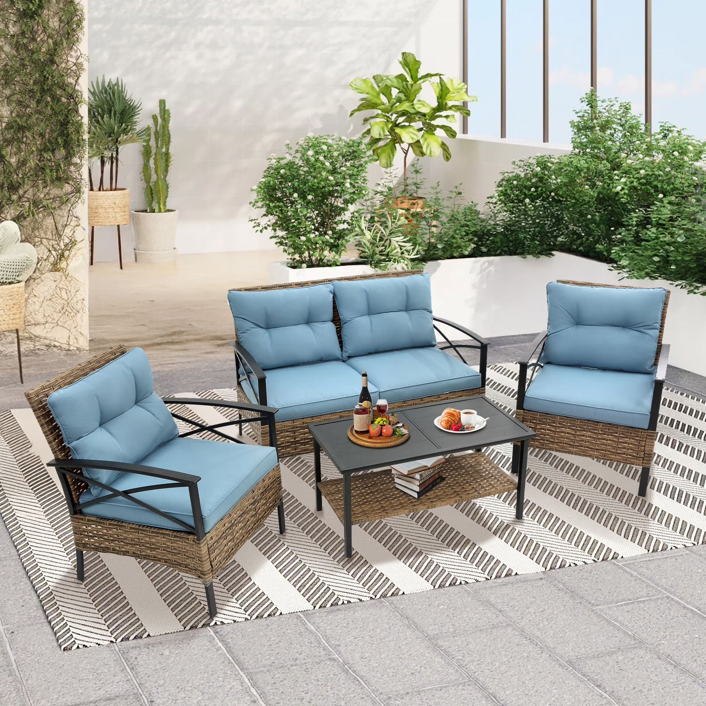 Heavy-duty Patio Furniture Set, 4 Piece Outdoor Sectional Conversation Sets, BrownPE Rattan Patio Sofa Set with Blue Cushions(Luxury-Blue)