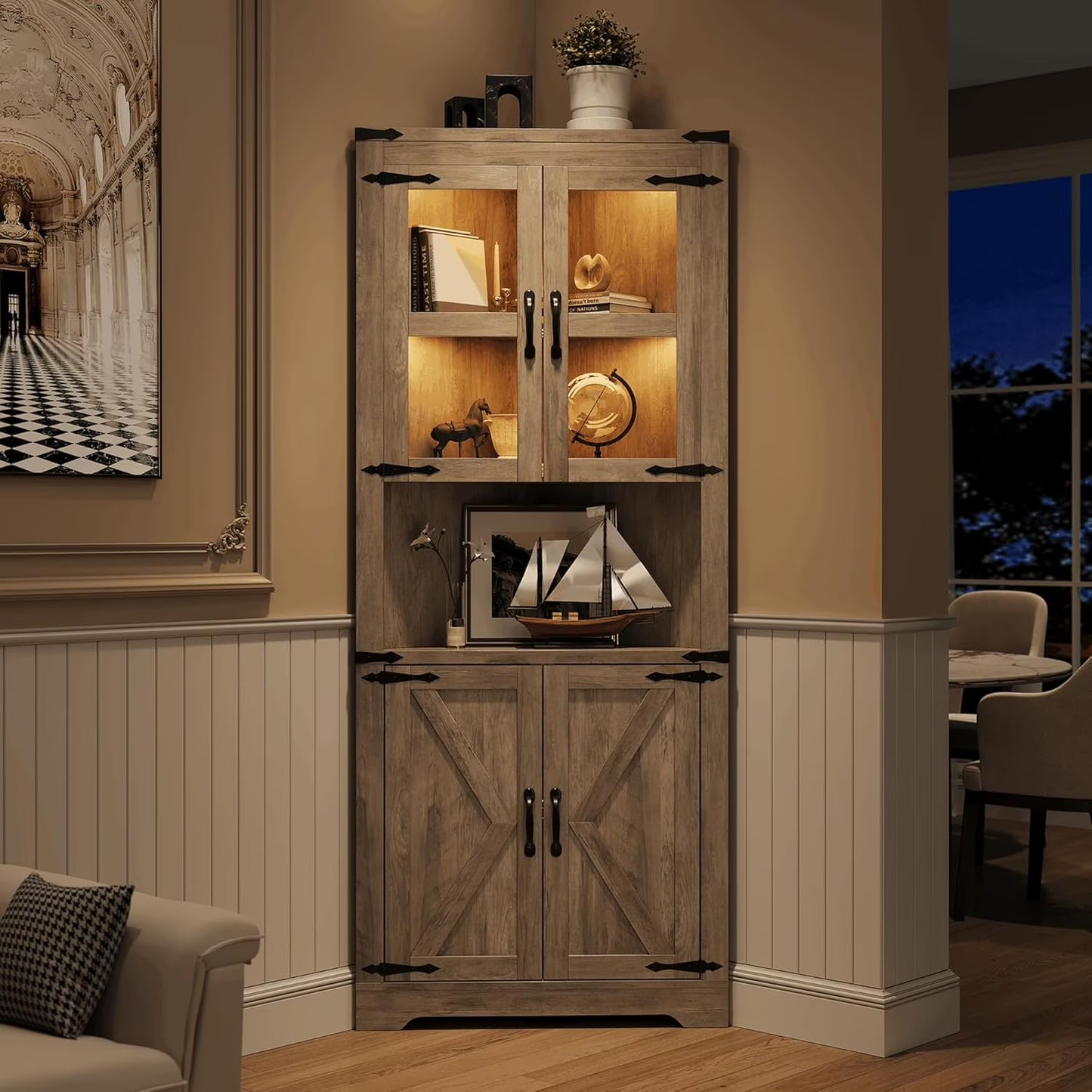 67" Tall Corner Storage Cabinet with Lights, Farmhouse Corner Hutch Display Cabinet with Glass Doors, Wooden Storage Organizer for Kitchen, Living Room, Bathroom, Washed Grey