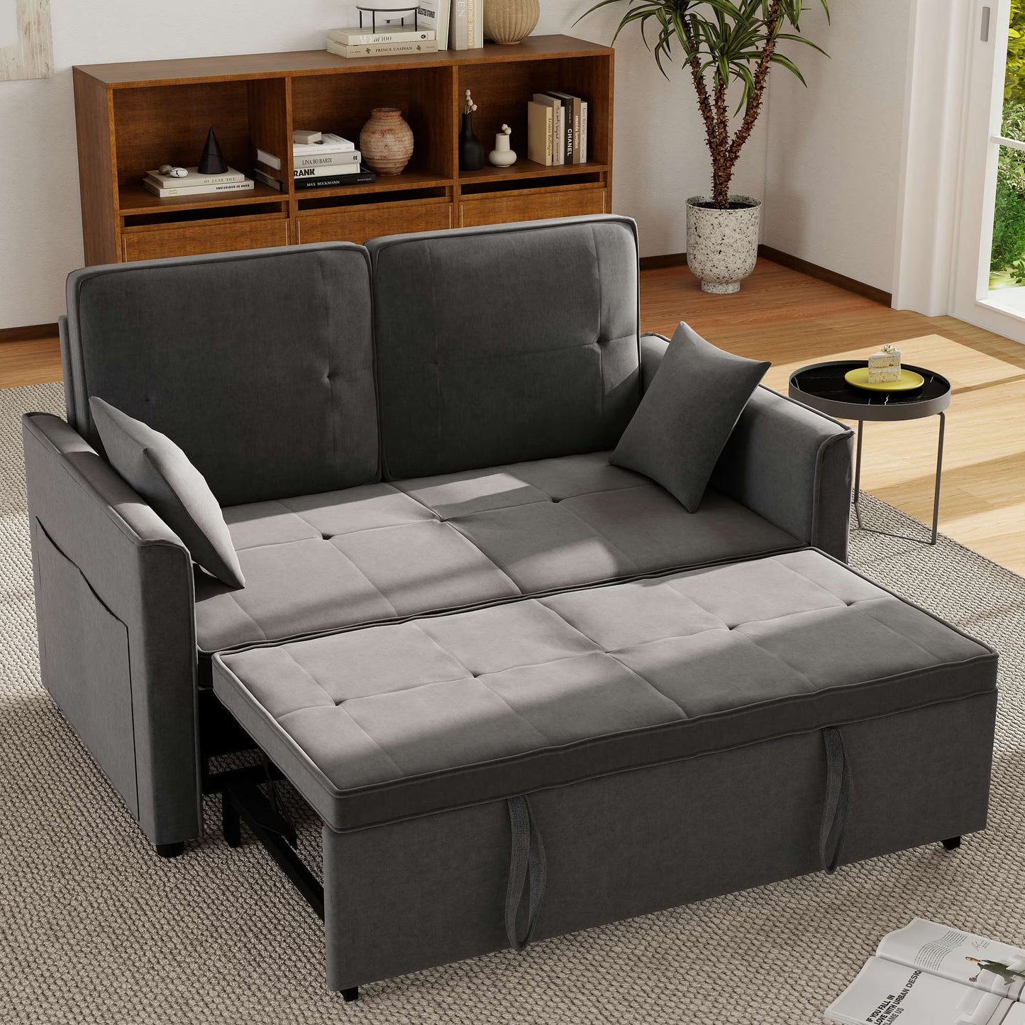 Convertible Sofa Bed,3-in-1 Sleeper Sofa with Pull Out Bed,Velvet Highly Elastic Sponge Futon Couch Loveseat with Adjustable Backrest and 2 Pillows for Living Room,Gray(Gray01)