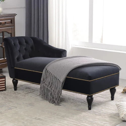 THINK 30,Velvet Chaise Lounge with Rolled Arm, 58” Upholstered Sofa Lounge Chair for Living Room Bedroom(Black)