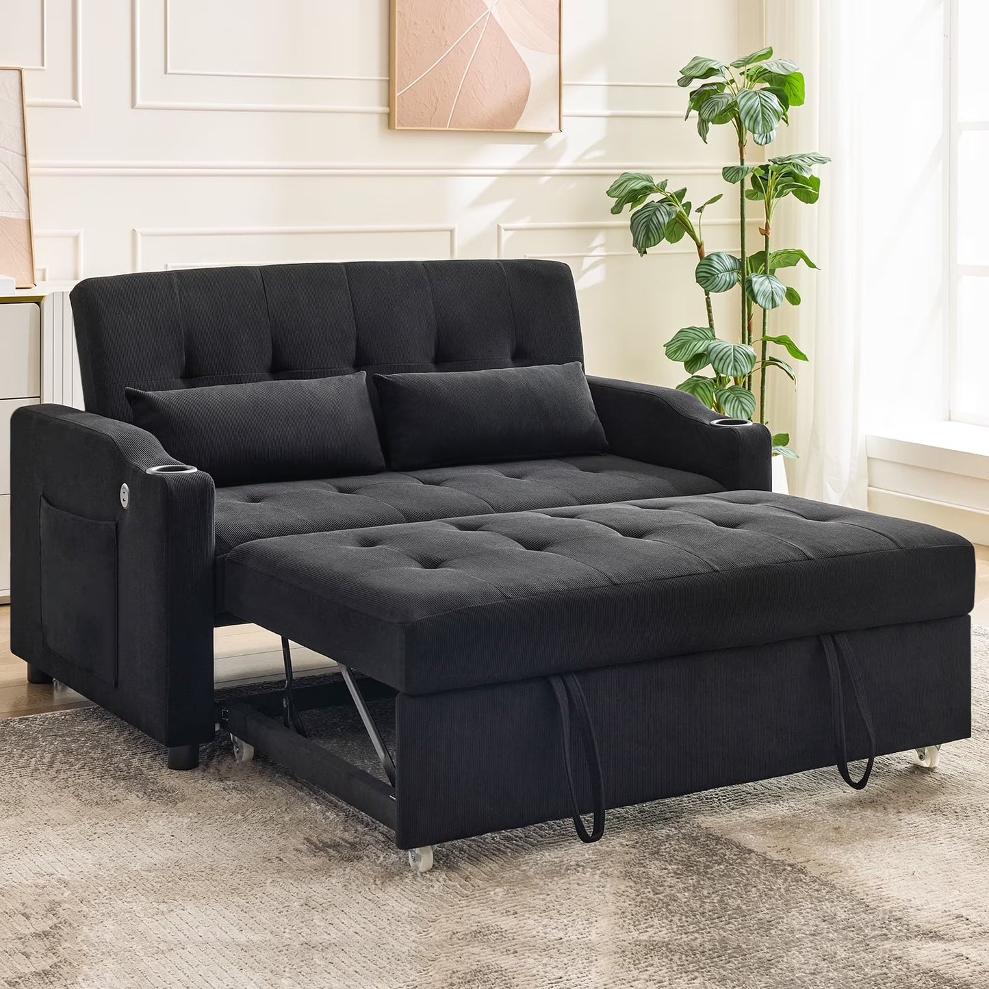 3 in 1 Convertible Sleeper Sofa Bed, Corduroy Futon Couches with Pull-Out Bed, Adjustable Backrest, Charging Port  Side Pockets, Modern Upholstered Sofa for Living Room, Guest Room(Queen/Corduroy | Black)