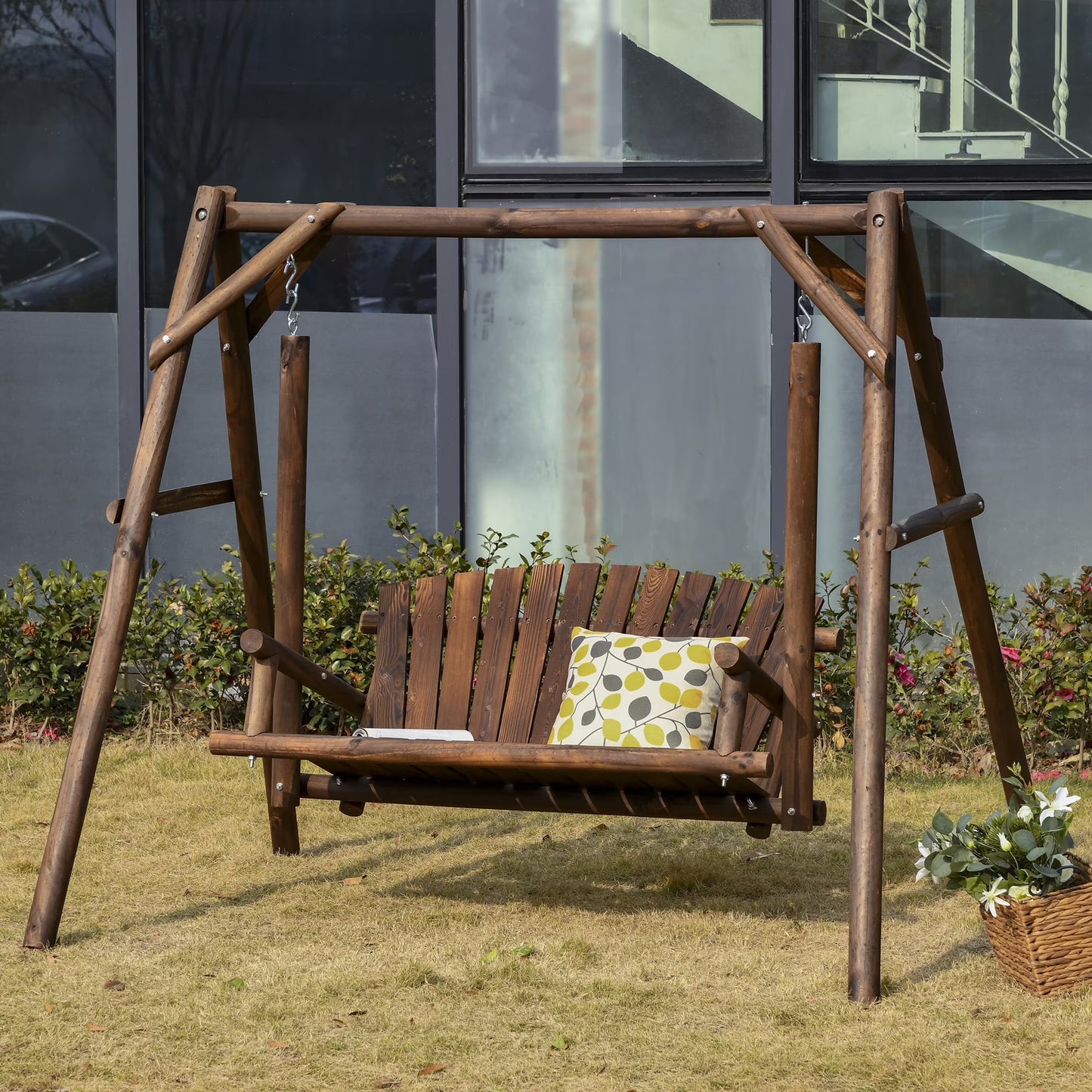Outsunny Wooden Swing Bench, Garden Swing Chair, Brown(Carbonized)