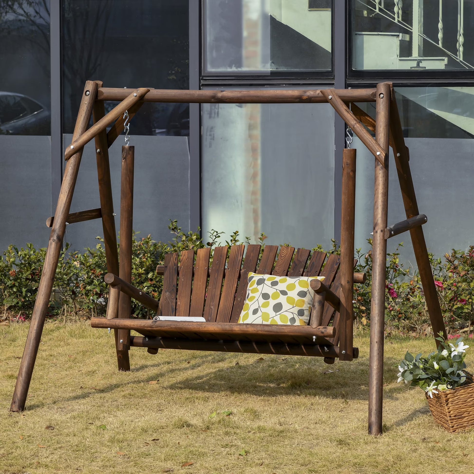 Outsunny Wooden Swing Bench, Garden Swing Chair, Brown(Carbonized)