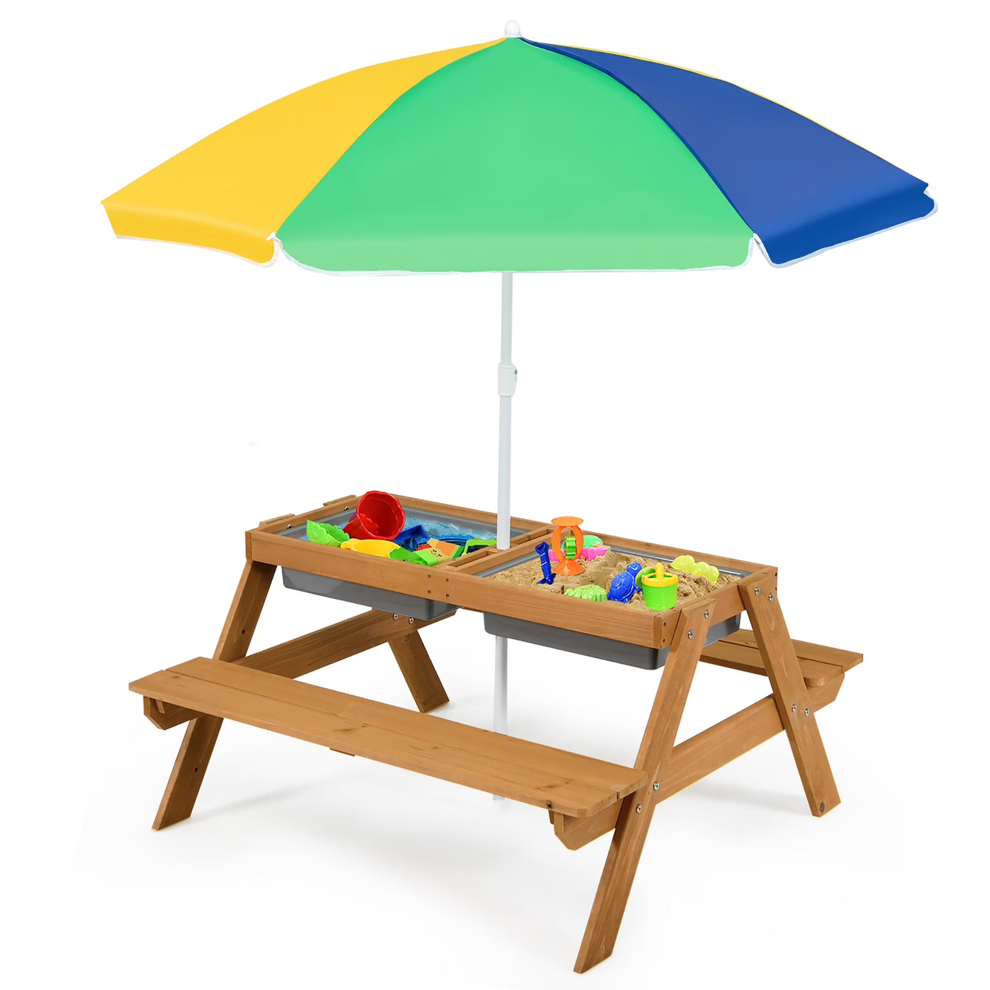 Costway 3-in-1 Kids Picnic Table Wooden Outdoor Sand  Water Table with Umbrella Play Boxes Green(Green)