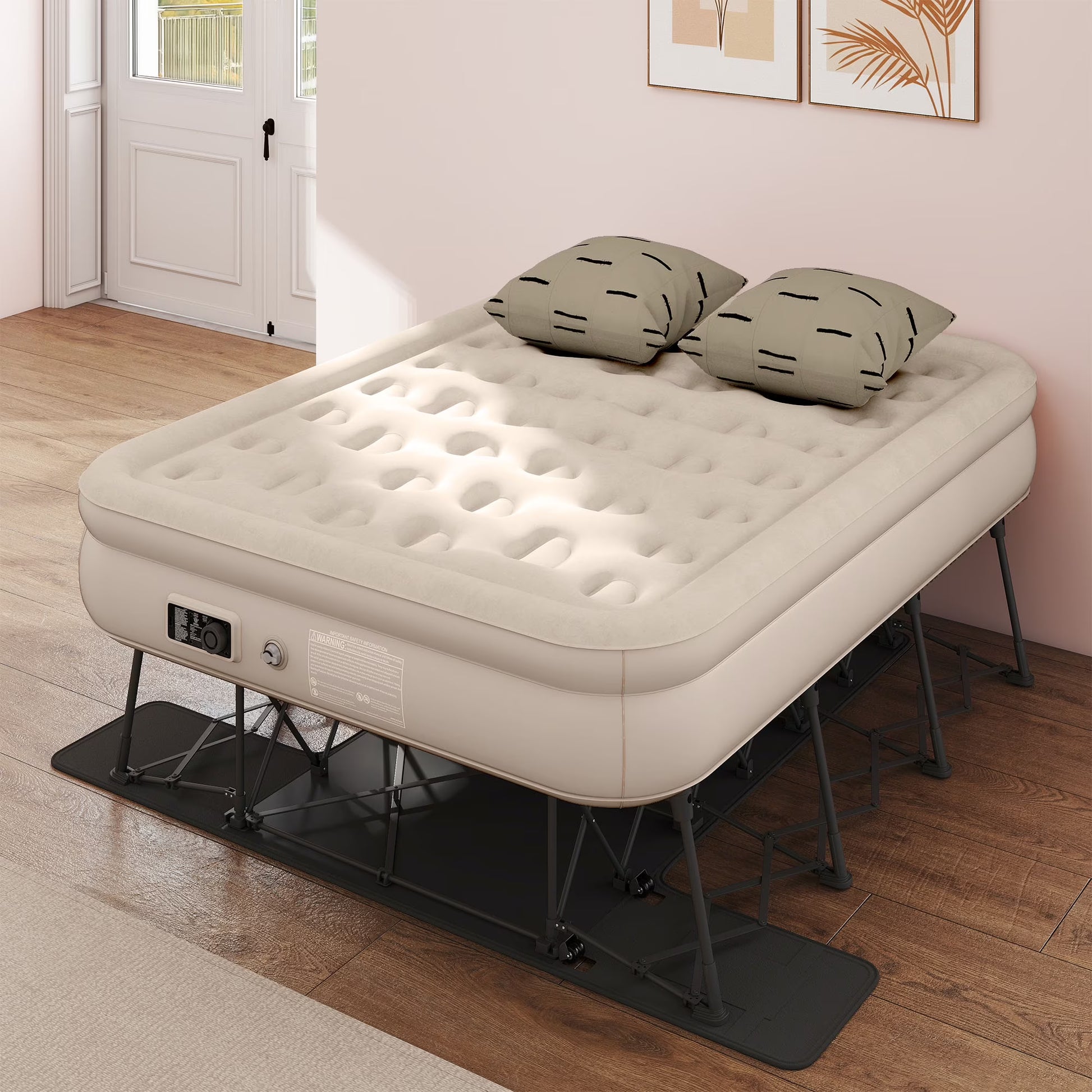 Uforic Inflatable Queen Air Mattress with Built-in Pump, Frame, Velvet Surface  Portable Storage Case, Khaki(Queen/Khaki)